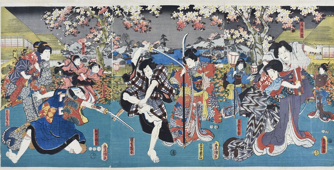 Japanese Woodblock Print Utagawa Kunisada Toyokuni III Kabuki Theater Triptych (1 of 13)