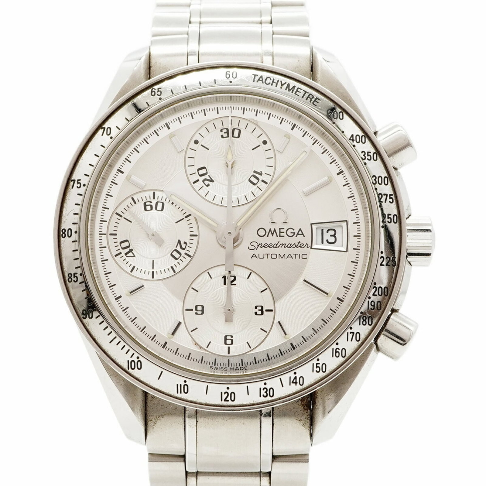 Omega Wristwatch: Omega Wristwatch Stainless steel band adds durability to this silver Omega wristwatch, featuring a 39mm case diameter. The watch has traces of usage and minor scratches, but remains in good condition 