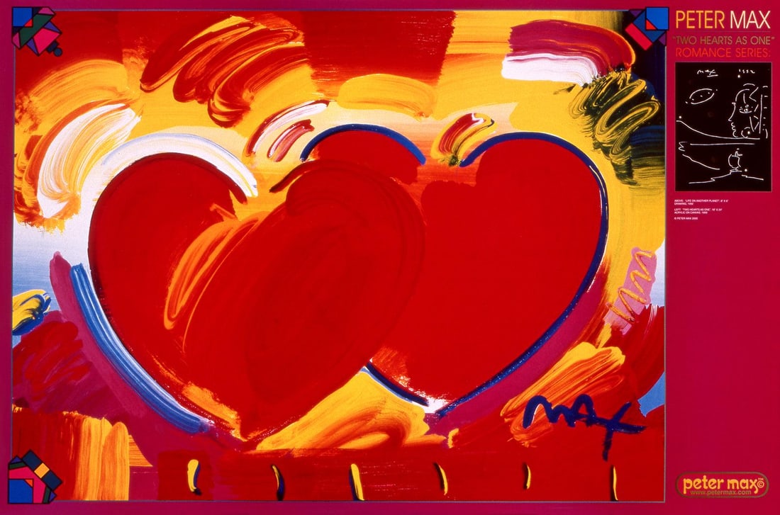 Two Hearts As One Peter Max 2000 Hand Signed Official Edition: Two Hearts As One Peter Max 2000 Hand Signed Official Edition Item Specifics: Paper size: 24 x 36 inches. Inscription: Hand signed by Peter Max in ink and unnumbered, as issued. Condition: Excellent.