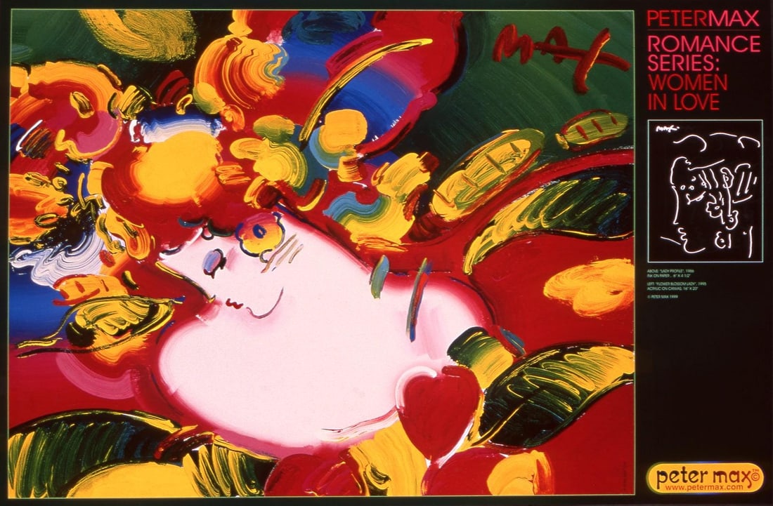 Women in Love by Peter Max 1999 Hand Signed Official Edition: Women in Love by Peter Max 1999 Hand Signed Official Edition Item Specifics: Paper size: 24 x 36 inches. Inscription: Hand signed by Peter Max in ink and unnumbered, as issued. Condition: Excellent.