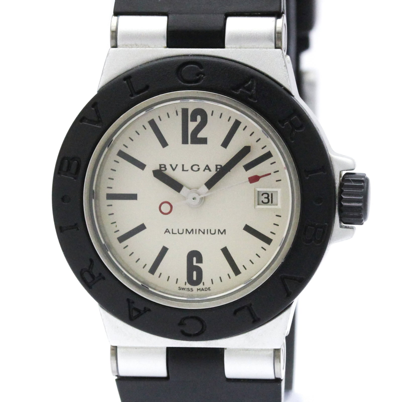 Bvlgari Wristwatch: Bvlgari Wristwatch Aluminum Bvlgari Wristwatch with Silver Dial, Quartz Movement and Rubber Band. This sporty timepiece boasts a sleek design with a silver dial and features a quartz movement for