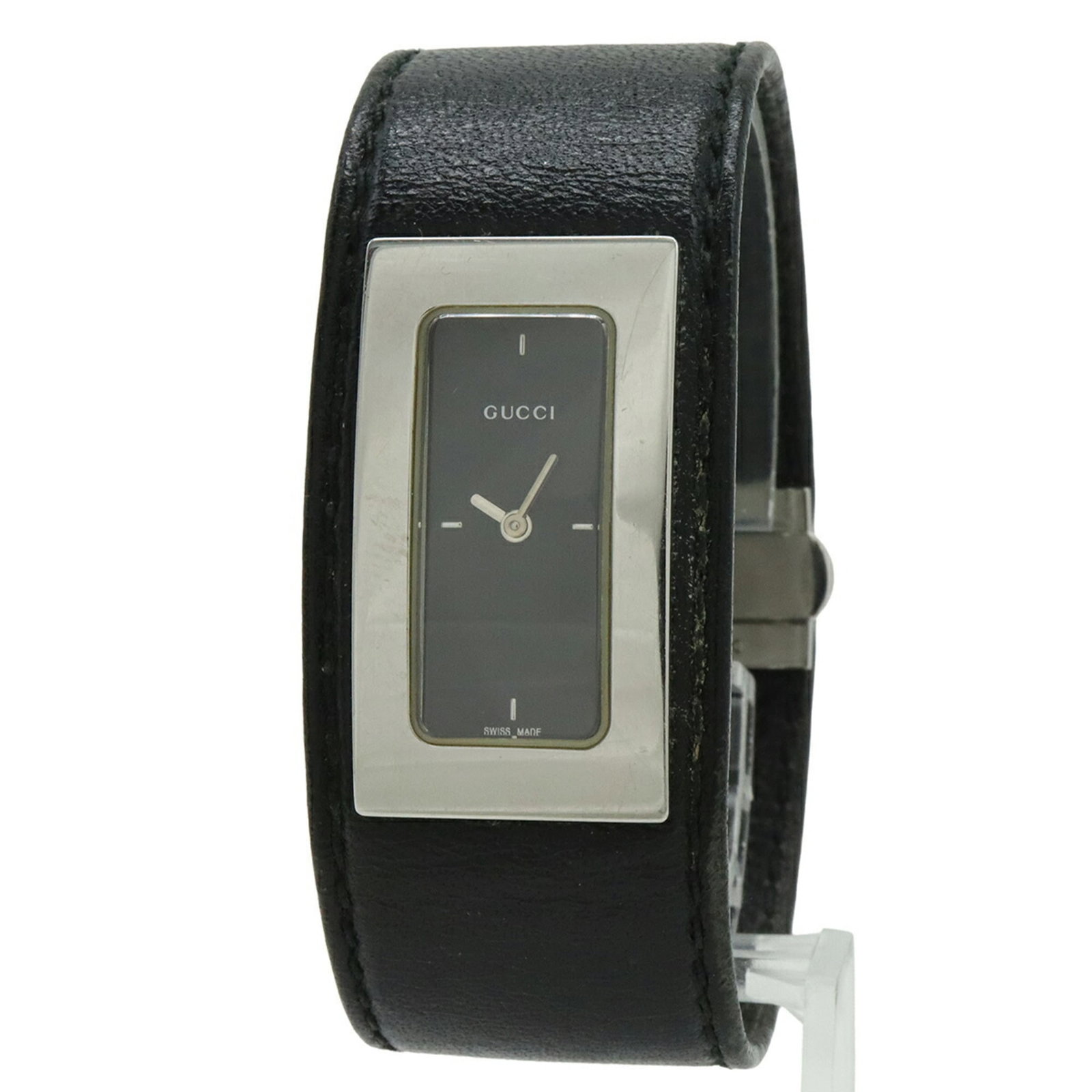 Gucci Wristwatch: Gucci Wristwatch Stainless steel case and leather band make for a sleek, versatile timepiece. The black quartz movement keeps accurate time with minimal maintenance. Measuring 18mm in diameter, this