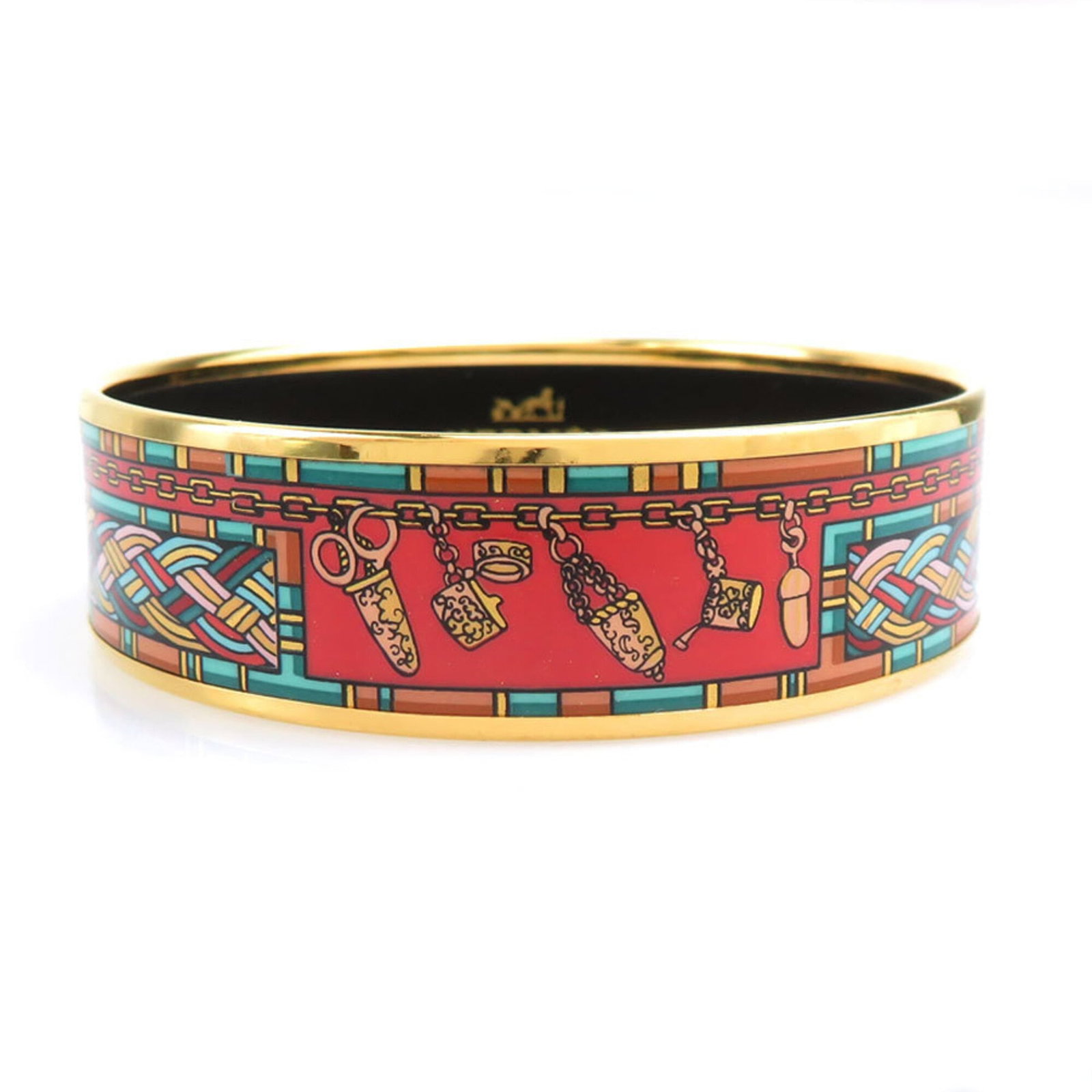 Metal Bangle Hermes: Metal Bangle Hermes Metal bangle from Hermes features enamel and metal construction, available in gold with multi-color accents. The bangle measures 19.3cm in length. This item bears a signature.