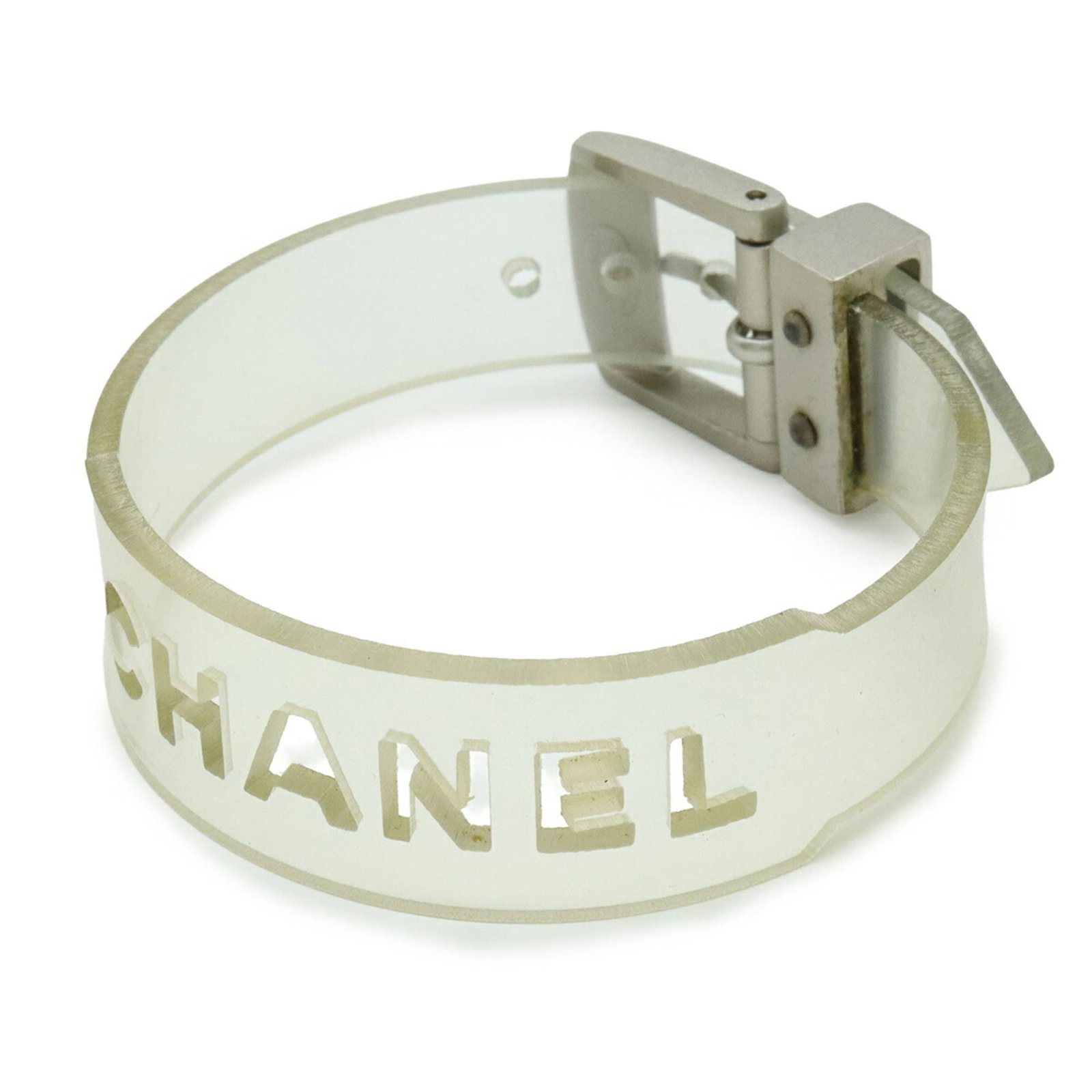 Charm Rubber bracelet by Chanel: Charm Rubber bracelet by Chanel Chanel's clear rubber charm bracelet boasts its sleek, modern design. Made from high-quality rubber material, it measures 21.5cm in length and features a total length o