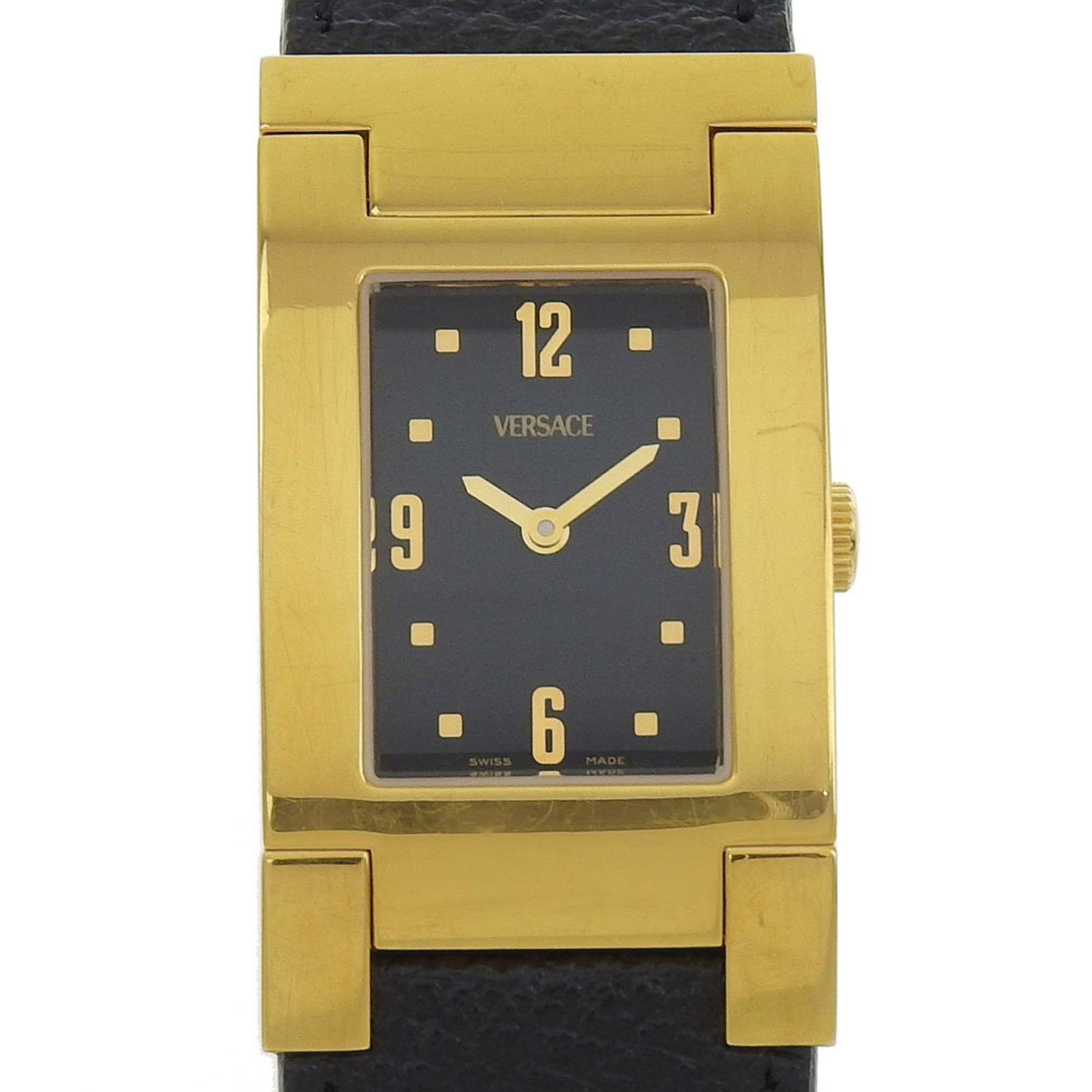 Versace Wristwatch: Versace Wristwatch The Versace Wristwatch boasts a sleek gold plated case and a sophisticated black leather strap, making it a stylish accessory for any occasion. With its quartz movement and compact