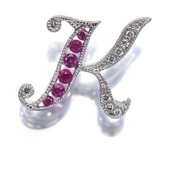 Qvc Pendant Ruby 0.12Ct Diamond 0.04Ct Milgrain Initial K 18K Wg (1 of 5)