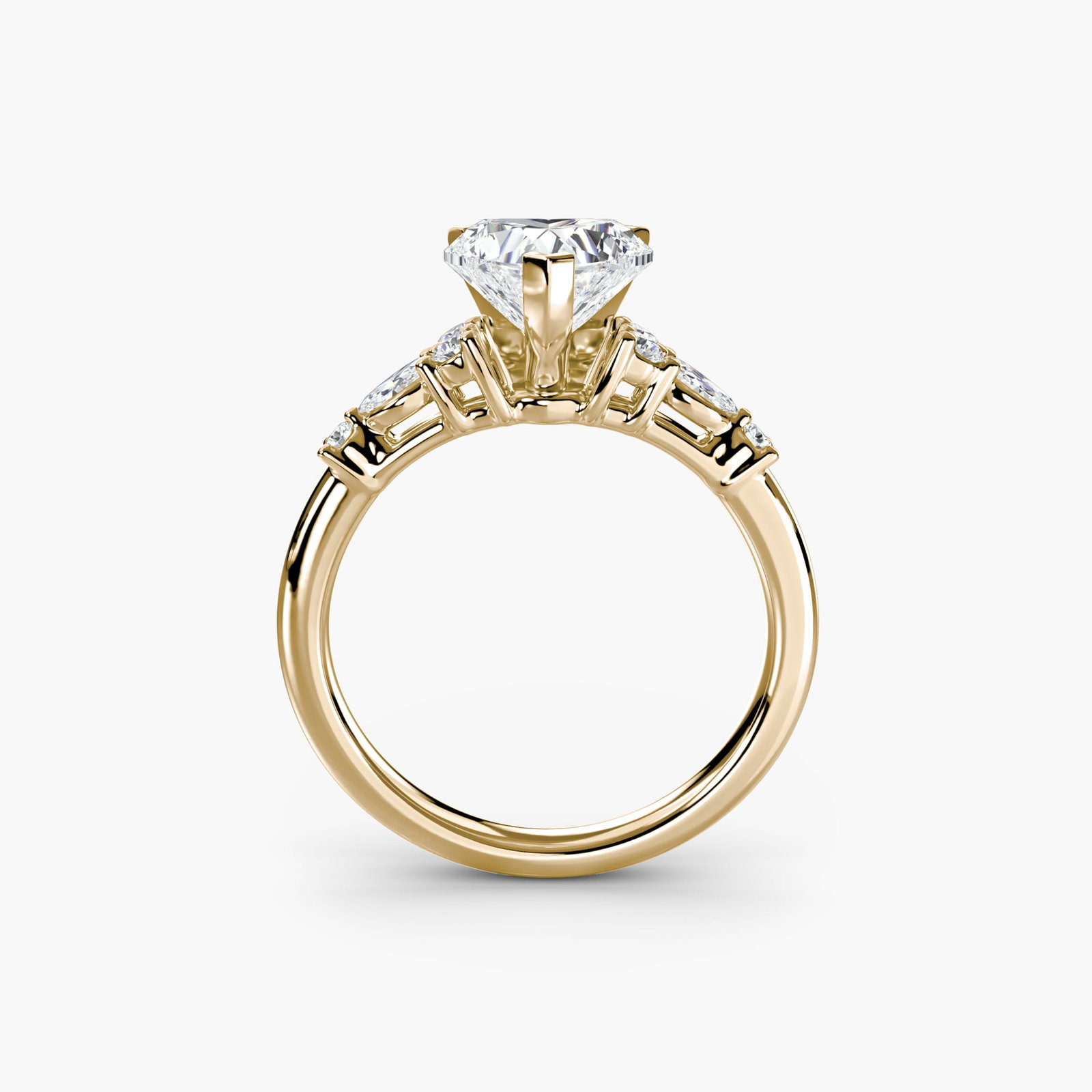 Side Stone Heart 18Kt Yellow Gold Ring Setting: Side Stone Heart 18Kt Yellow Gold Ring Setting 18Kt Yellow Gold Heart Ring Setting with Delicate Side Stones. This stunning ring setting features an 8-side stone arrangement, showcasing a total of