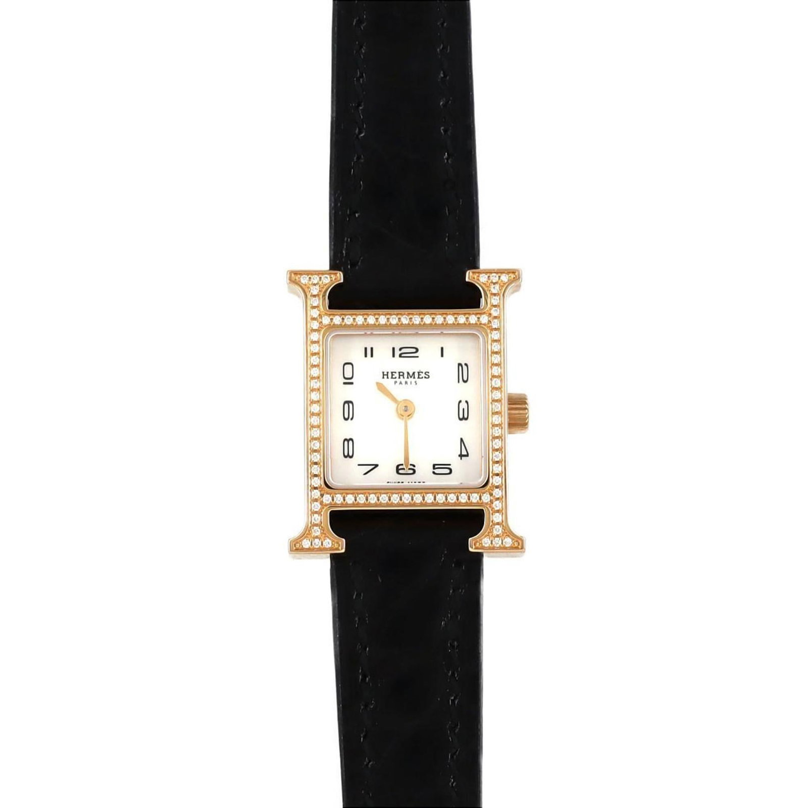 Hermes Wristwatch: Hermes Wristwatch Pink gold case and black band, paired with a mother of pearl dial, make for a striking combination in this Hermes Heure H wristwatch. The quartz movement ensures reliable timekeeping