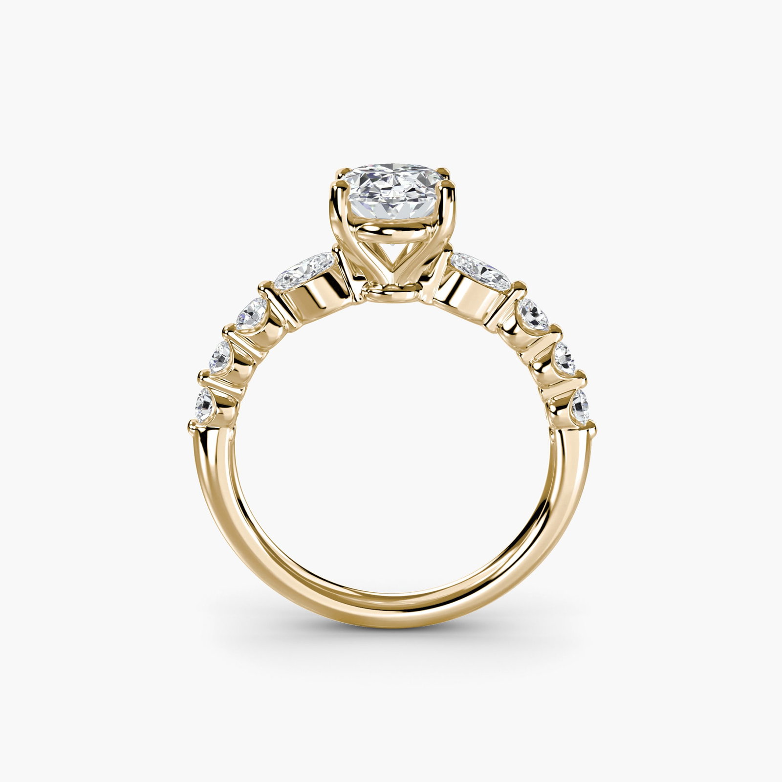 Pave Oval 14Kt Yellow Gold Ring Setting: Pave Oval 14Kt Yellow Gold Ring Setting Pave oval 14Kt yellow gold ring setting with intricate details, featuring 8 side stones totaling 0.29 carats in EF/VS lab-grown stone color and clarity. This