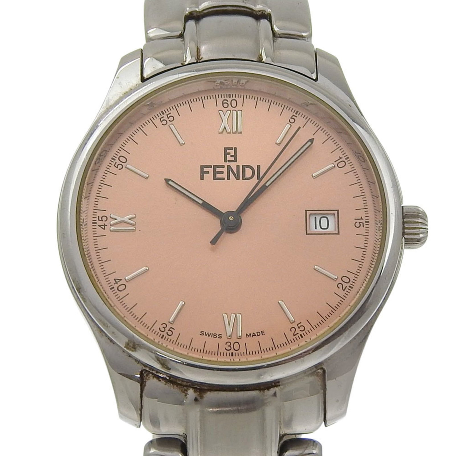 Fendi Wristwatch: Fendi Wristwatch Stainless steel case and band, paired with a bronze dial, make for a striking combination in this Fendi wristwatch. Measuring just 35mm in diameter, it's designed to fit comfortably o
