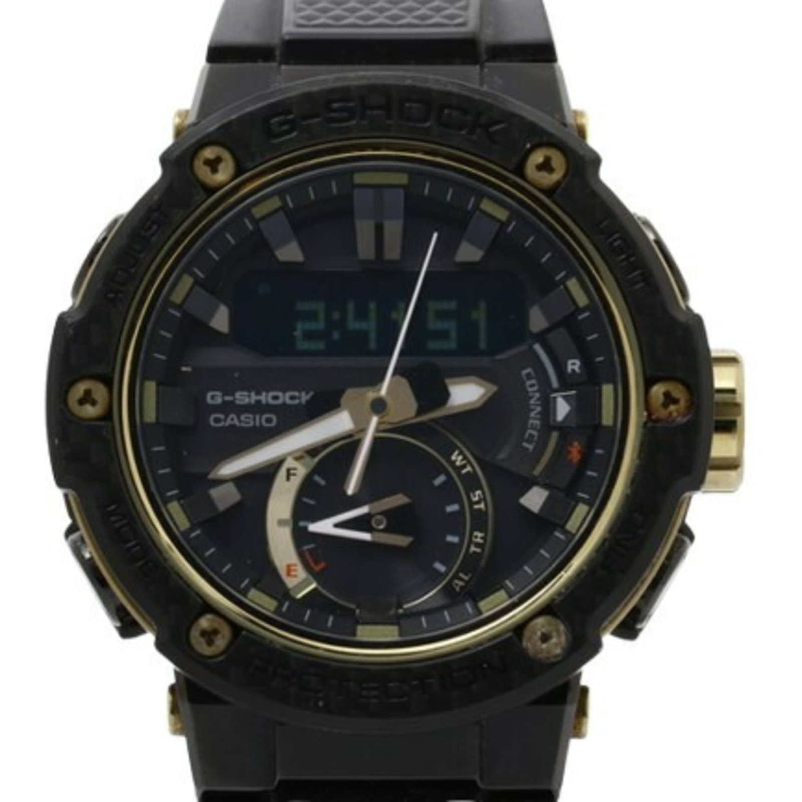 Wristwatch By Casio: Wristwatch By Casio Casio's GST-B200X-1A9JF wristwatch boasts a sleek, black design with a carbon fiber and stainless steel band. Powered by solar energy, this timepiece offers a convenient and