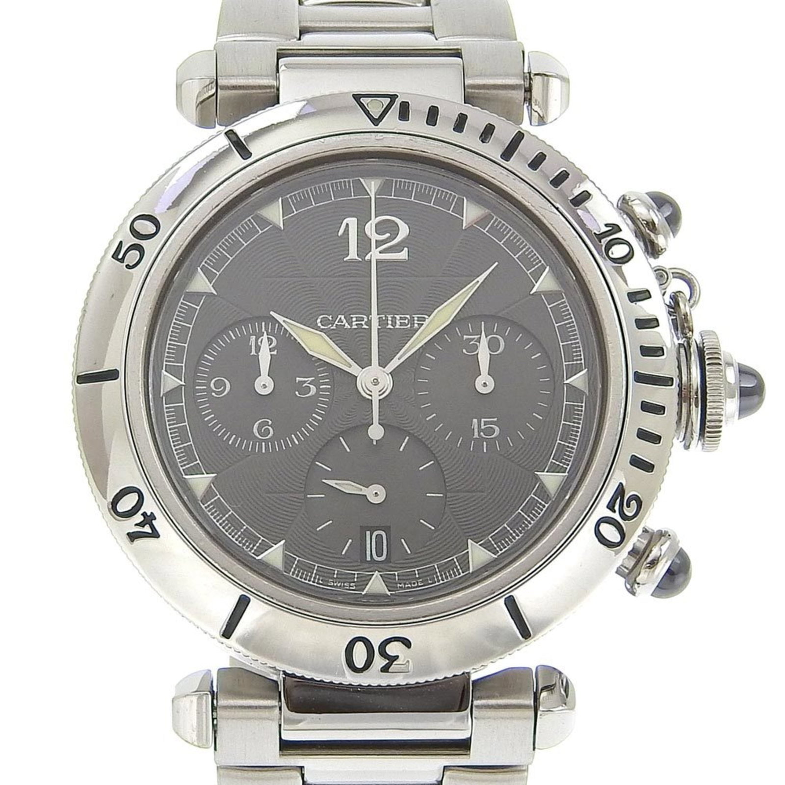 Wristwatch By Cartier: Wristwatch By Cartier Stainless steel case and band, 44mm in diameter, complement the gray dial of this Cartier wristwatch. Powered by a self-winding automatic movement, it features a sleek design