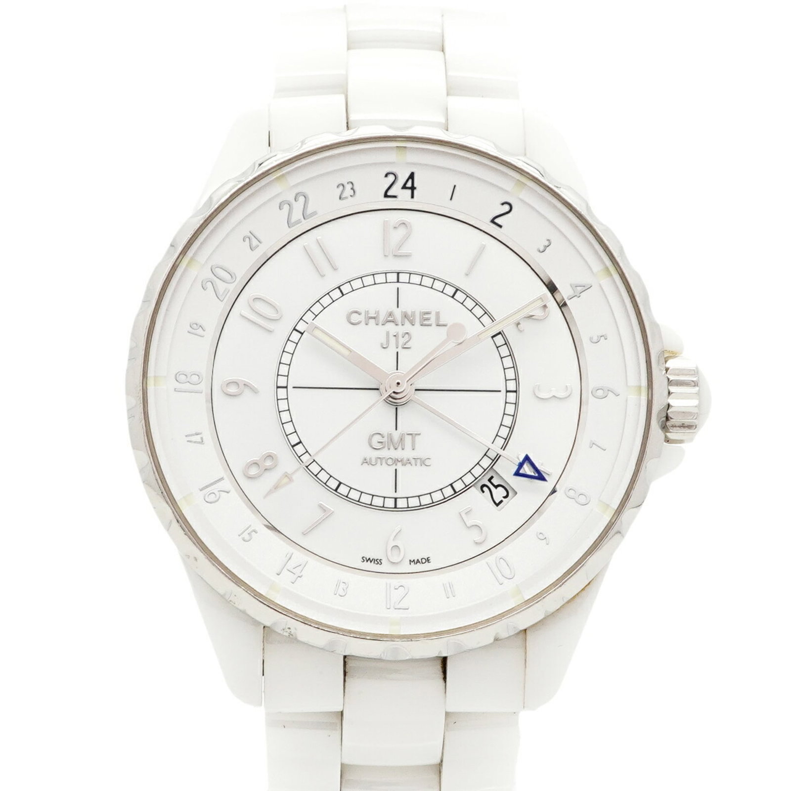 Chanel Wristwatch: Chanel Wristwatch Ceramic band and white dial make for a sleek, modern look in this Chanel wristwatch. Featuring self-winding automatic movement, it's a reliable timepiece that keeps pace with your