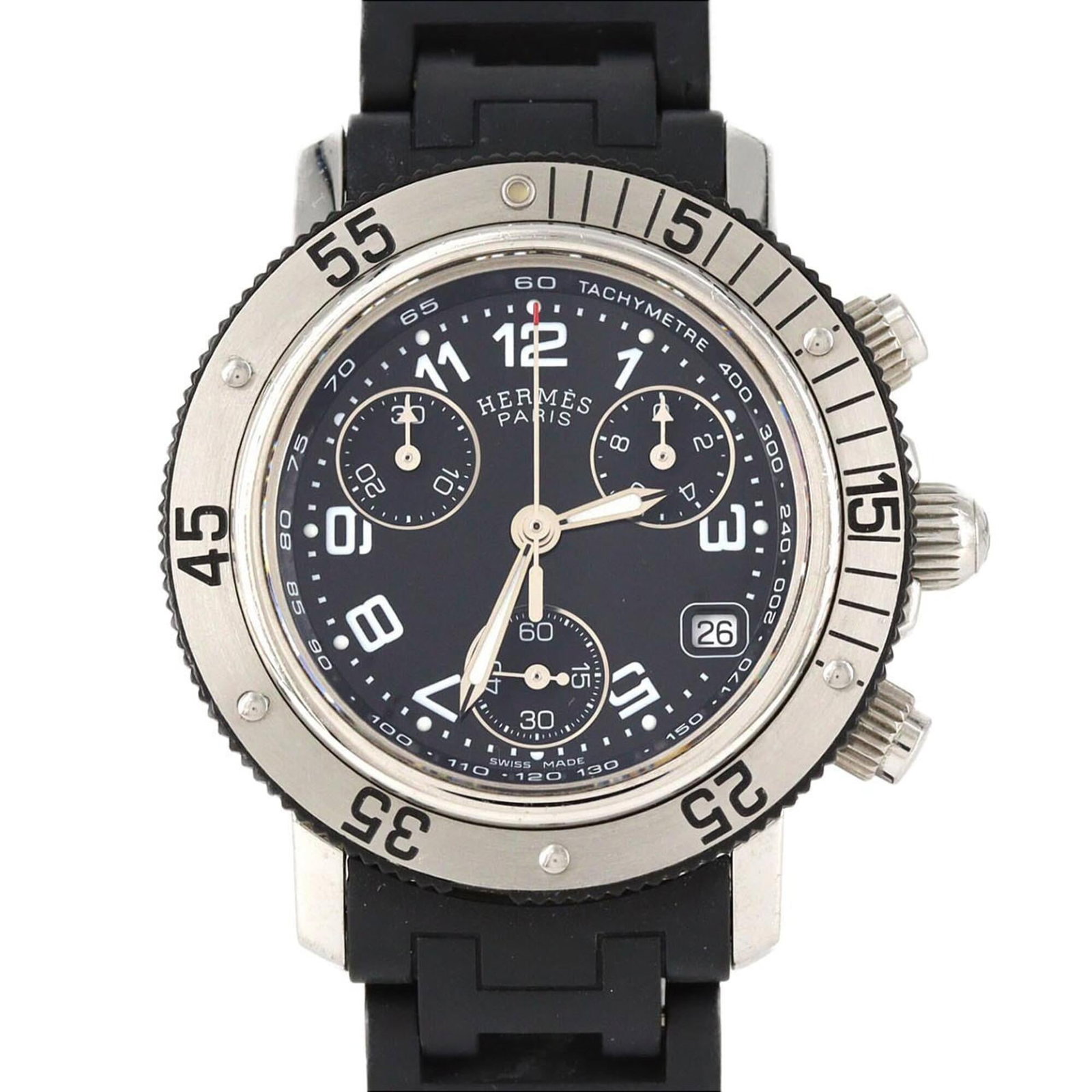 Hermes Wristwatch: Hermes Wristwatch Black rubber and stainless steel wristwatch with a quartz movement, featuring a sleek 33mm case diameter. The watch's rubber band provides a comfortable fit for wrists up to 15cm in