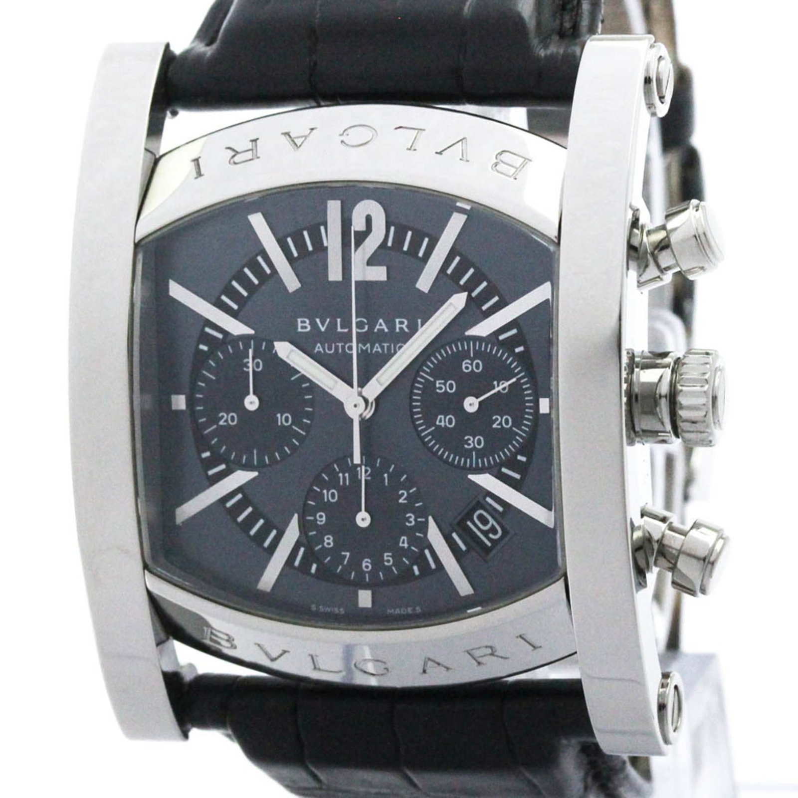 Bvlgari Wristwatch: Bvlgari Wristwatch Stainless steel case and leather band make for a sleek, sophisticated look. The self-winding automatic movement powers a chronograph and date function, adding precision to the