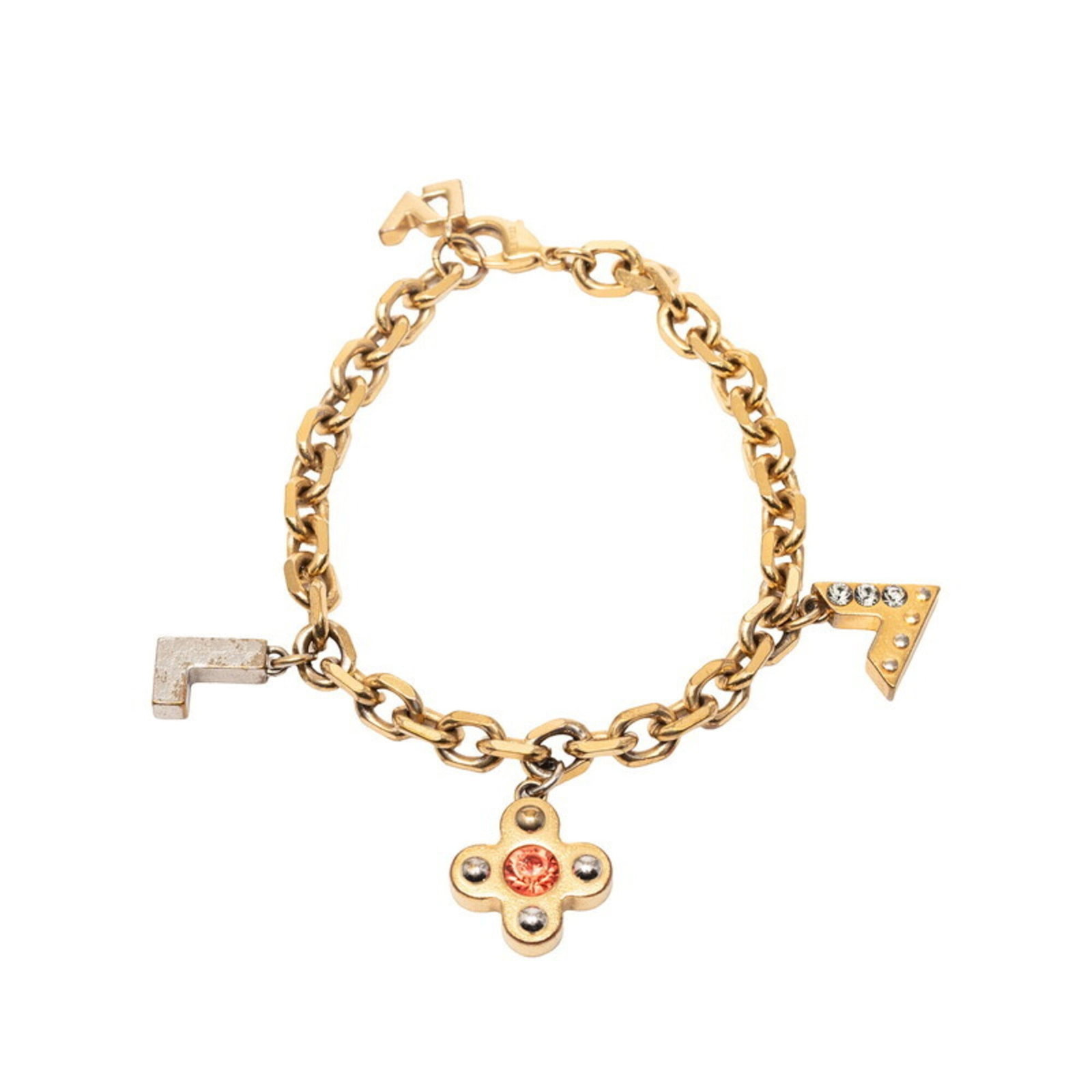 Louis Vuitton Charm Bracelet Gold Plating: Louis Vuitton Charm Bracelet Gold Plating Gold plating gives this Louis Vuitton charm bracelet its luxurious look, while the red rhinestone adds a pop of color. The 19cm length provides a comfortable