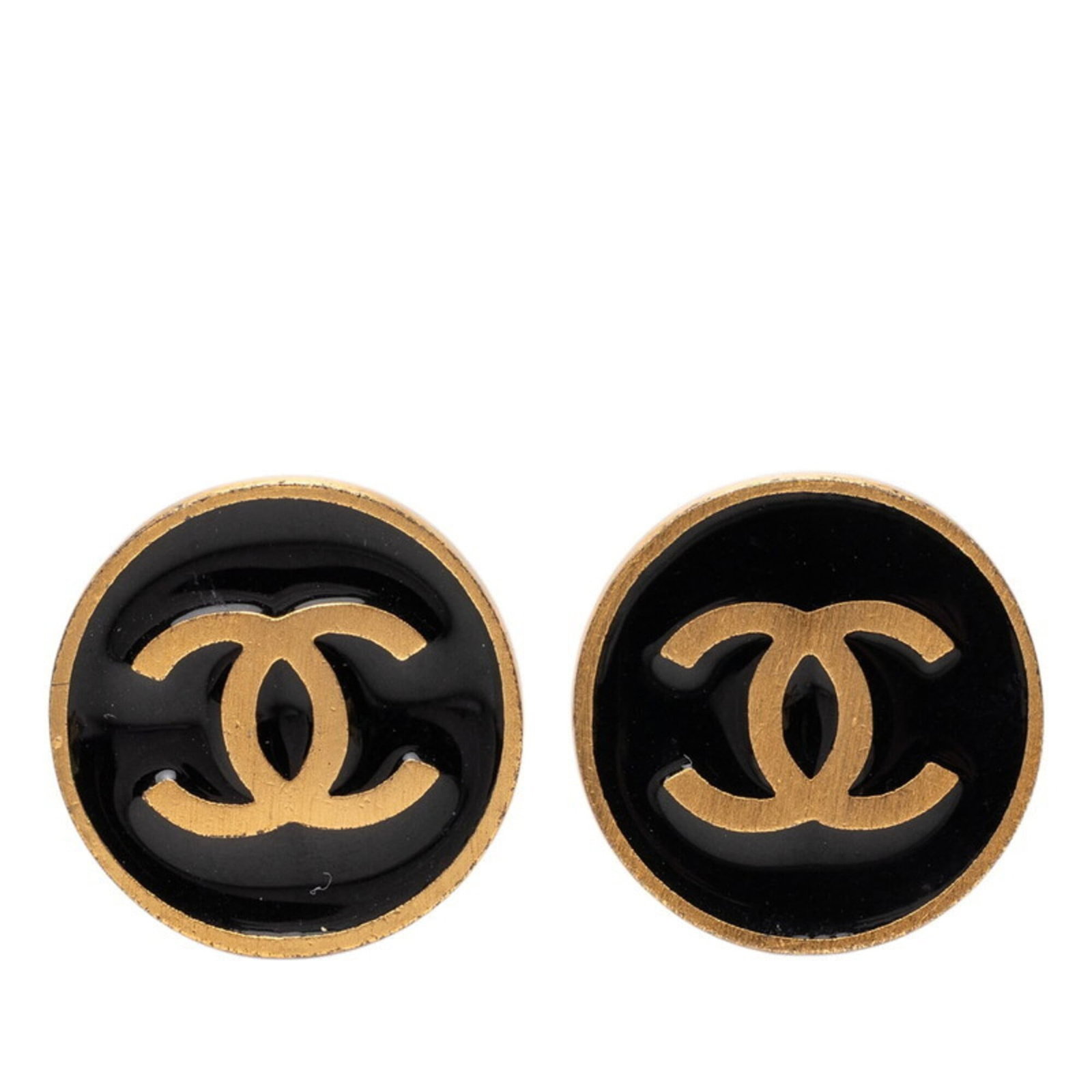 Clip Earrings Enamel Gold Plating: Clip Earrings Enamel Gold Plating Clip earrings in enamel and gold plating, featuring black and gold finishes. The earrings measure 21.80mm x 21.50mm / 0.86'' x 0.85''. They bear a signature. Item Spe