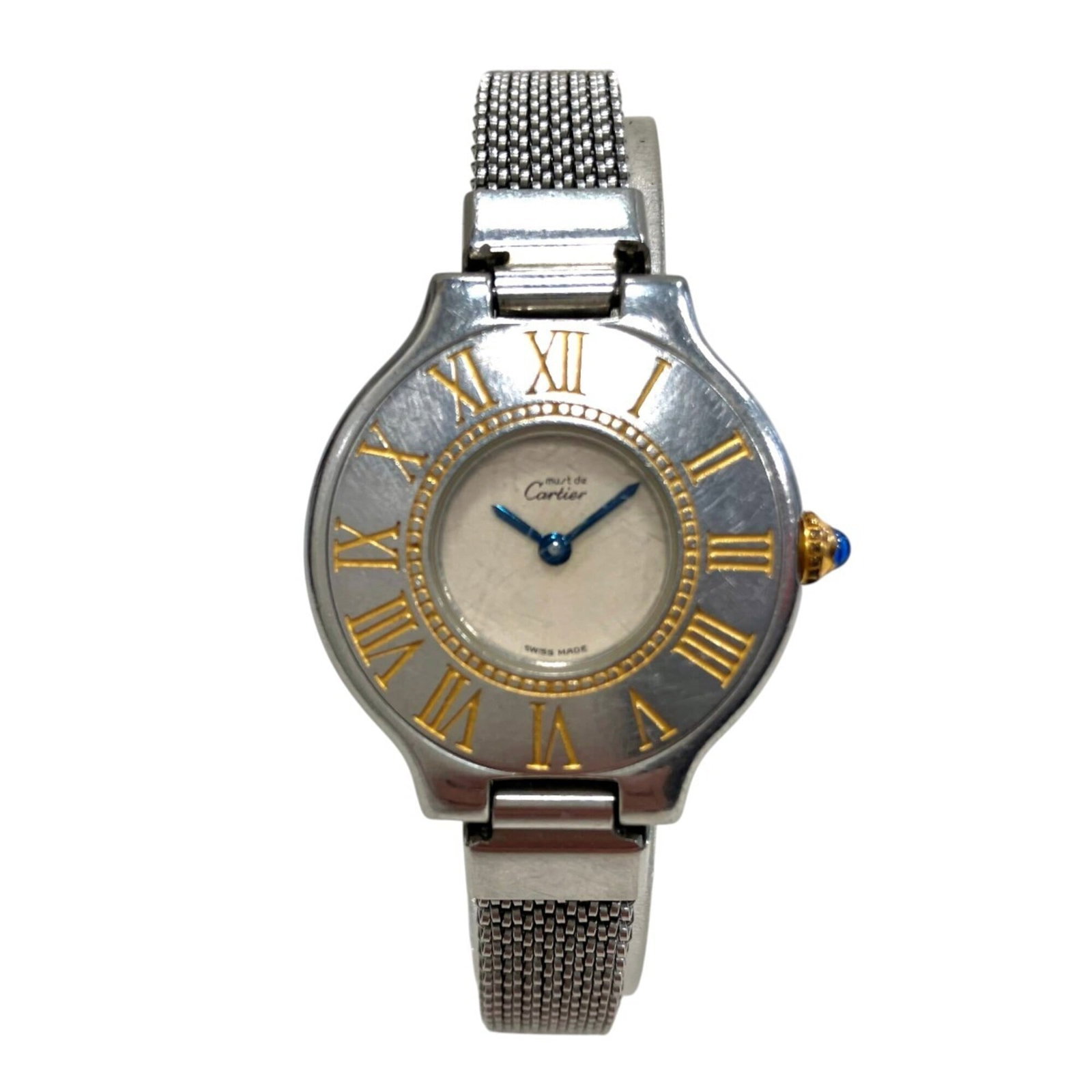 Wristwatch By Cartier: Wristwatch By Cartier Stainless steel case and band, white dial, quartz movement, and a sleek 27.5mm design make this Cartier wristwatch a stylish timepiece. The watch's compact size suits wrists up