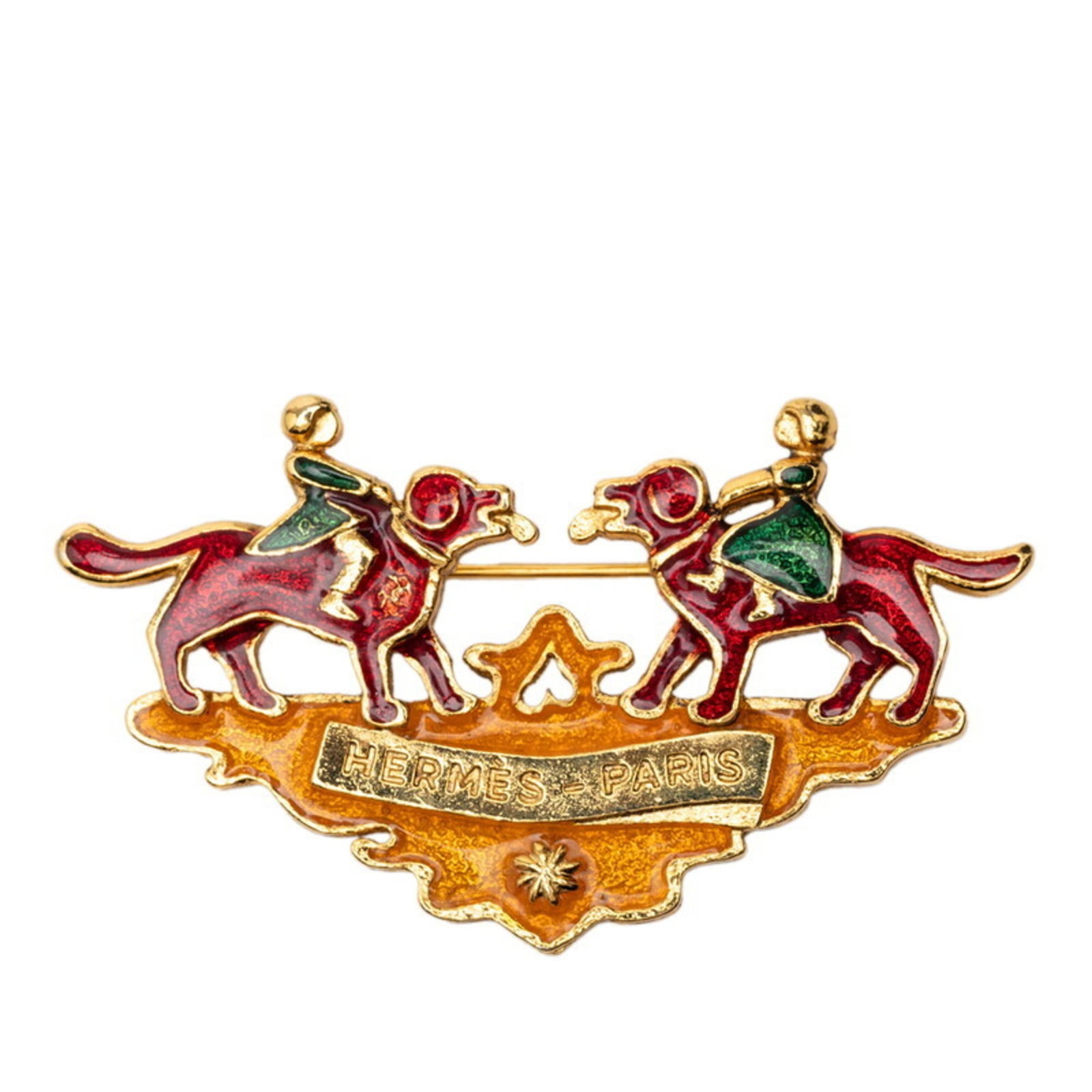 Hermes Brooch Cloisonn Enamel: Hermes Brooch Cloisonn Enamel The Hermes Brooch Cloisonn Enamel boasts intricate gold, green, and red enamel work, showcasing exceptional craftsmanship. Measuring 3.54cm x 6.31cm, this cloisonn