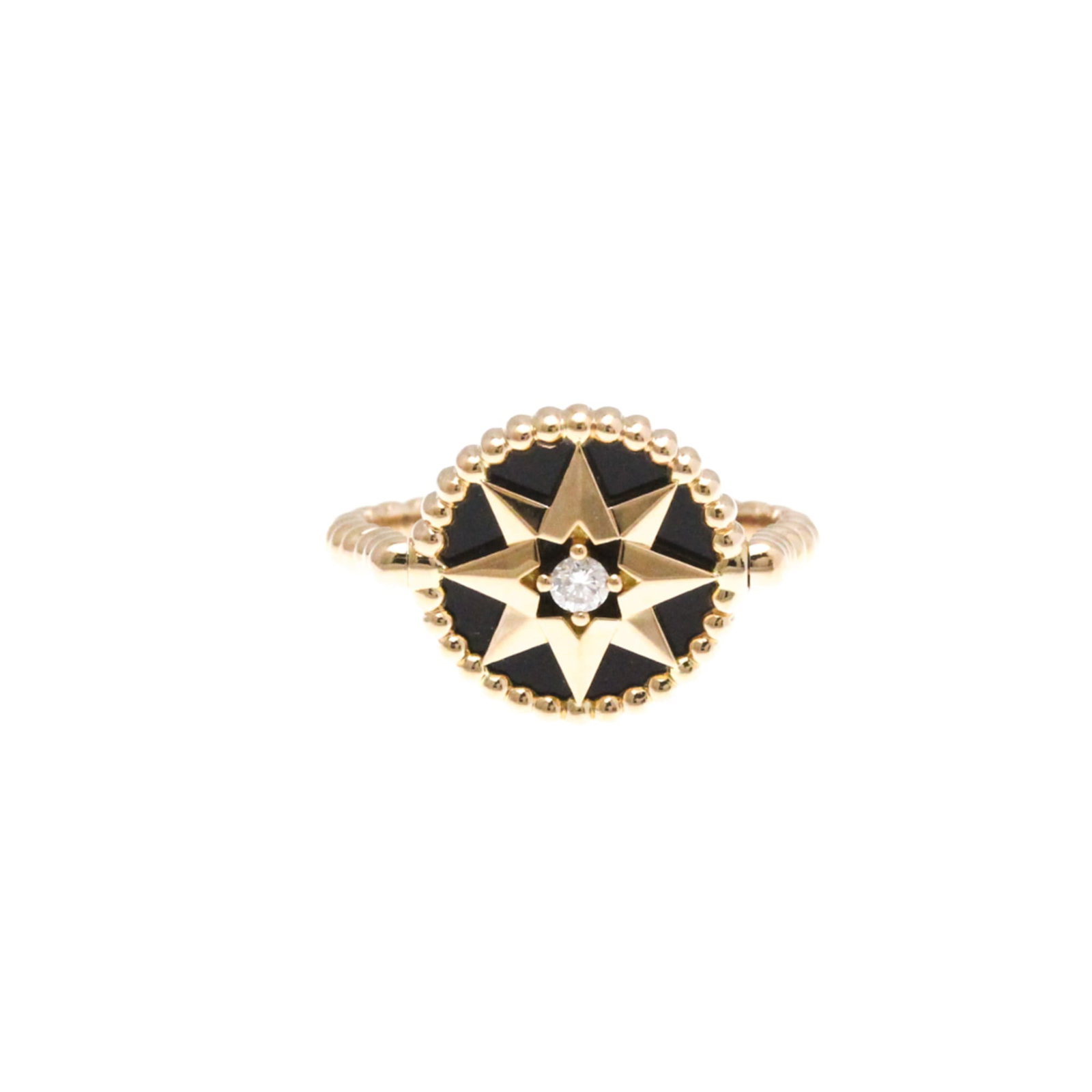 Dior Pink Gold Ring 18K Christian: Dior Pink Gold Ring 18K Christian The Dior Rose des Vents Ring in pink gold (18K) boasts a striking design with an onyx stone, set against a slender band. This elegant ring features a signature from
