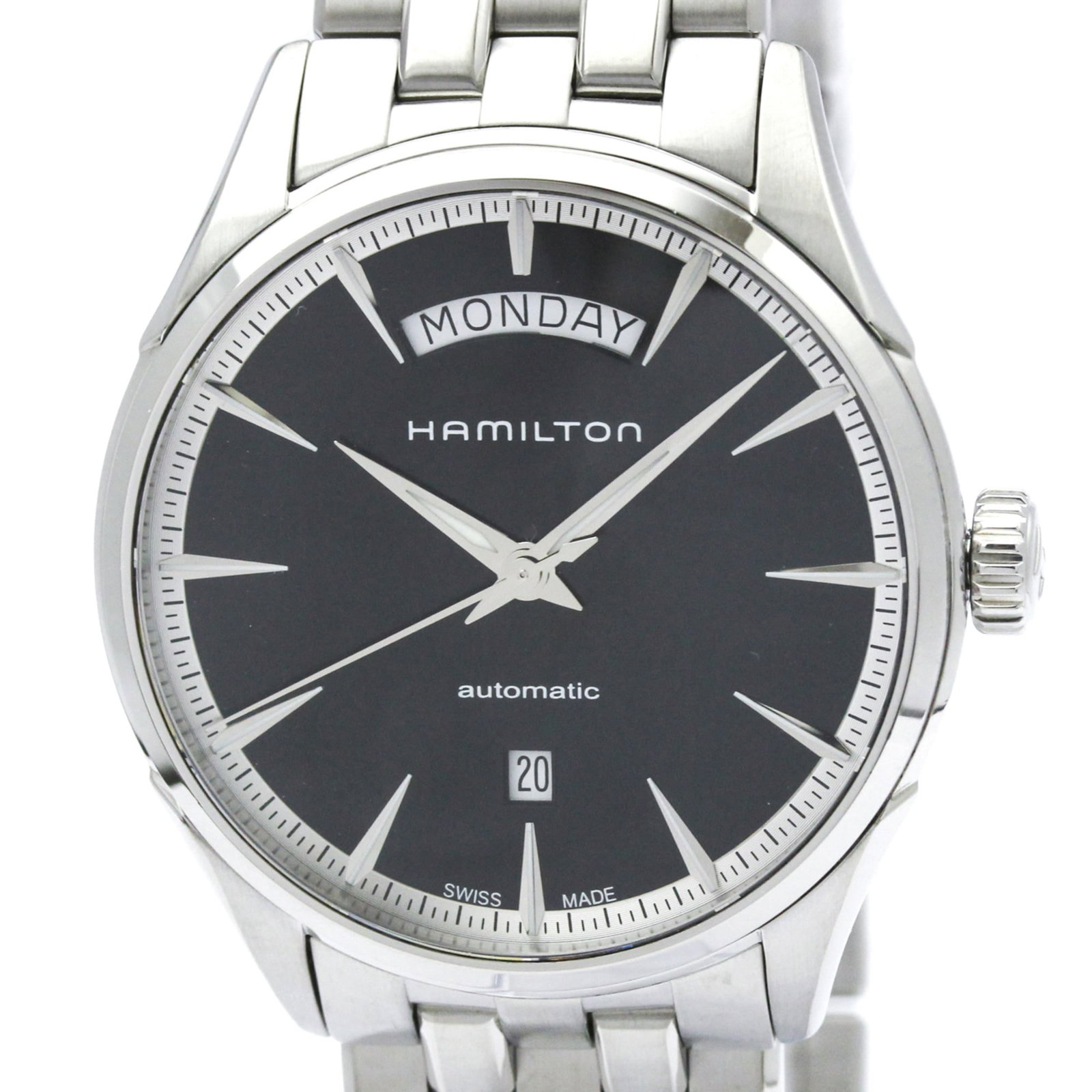 Hamilton Wristwatch: Hamilton Wristwatch Stainless steel case and band, the Hamilton Jazzmaster watch presents a sleek dress form style with a black dial. Powered by a self-winding automatic movement, this timepiece