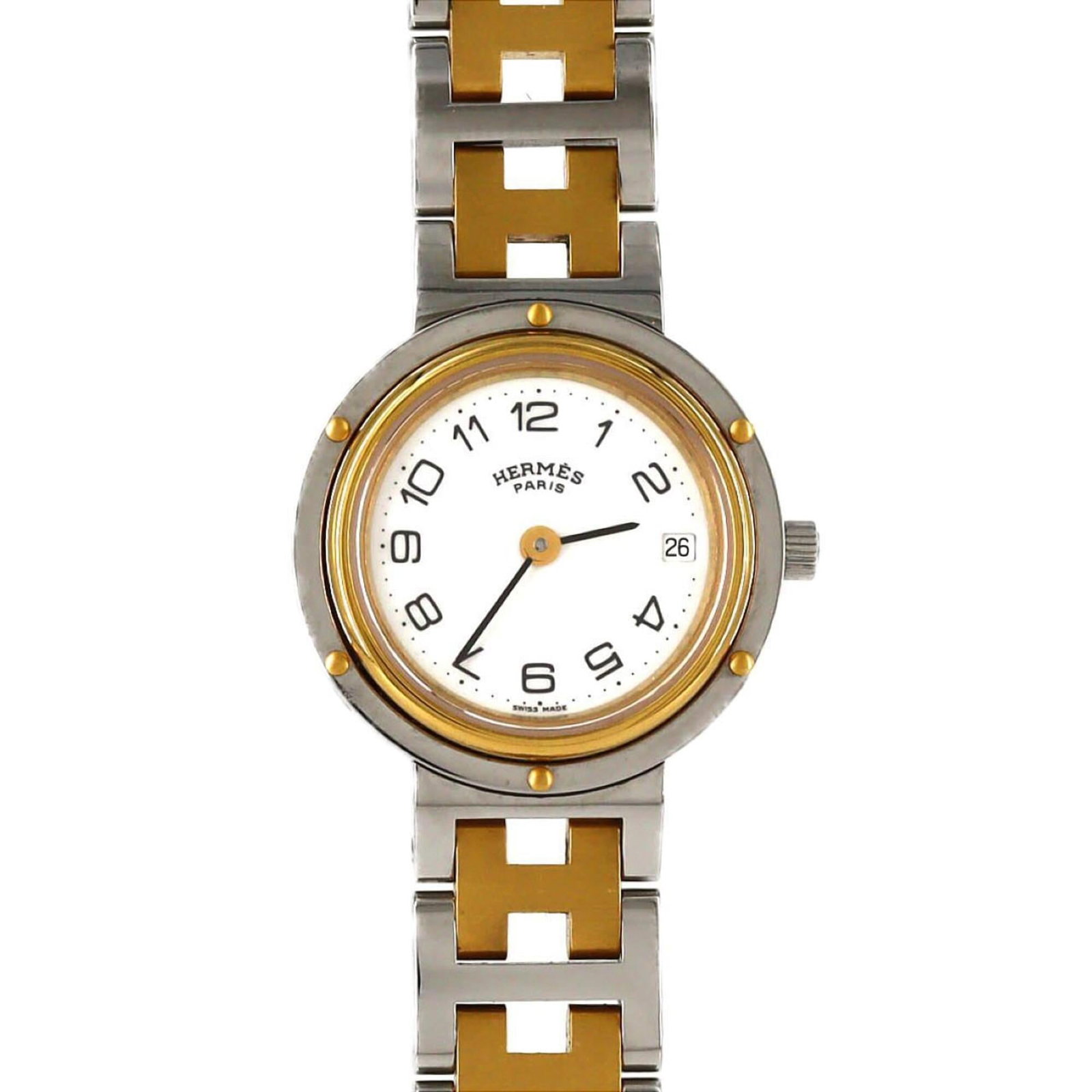 Hermes Wristwatch: Hermes Wristwatch Gold plated case and stainless steel band add a touch of sophistication to this quartz wristwatch, featuring a white dial. The compact 24mm design makes it suitable for smaller