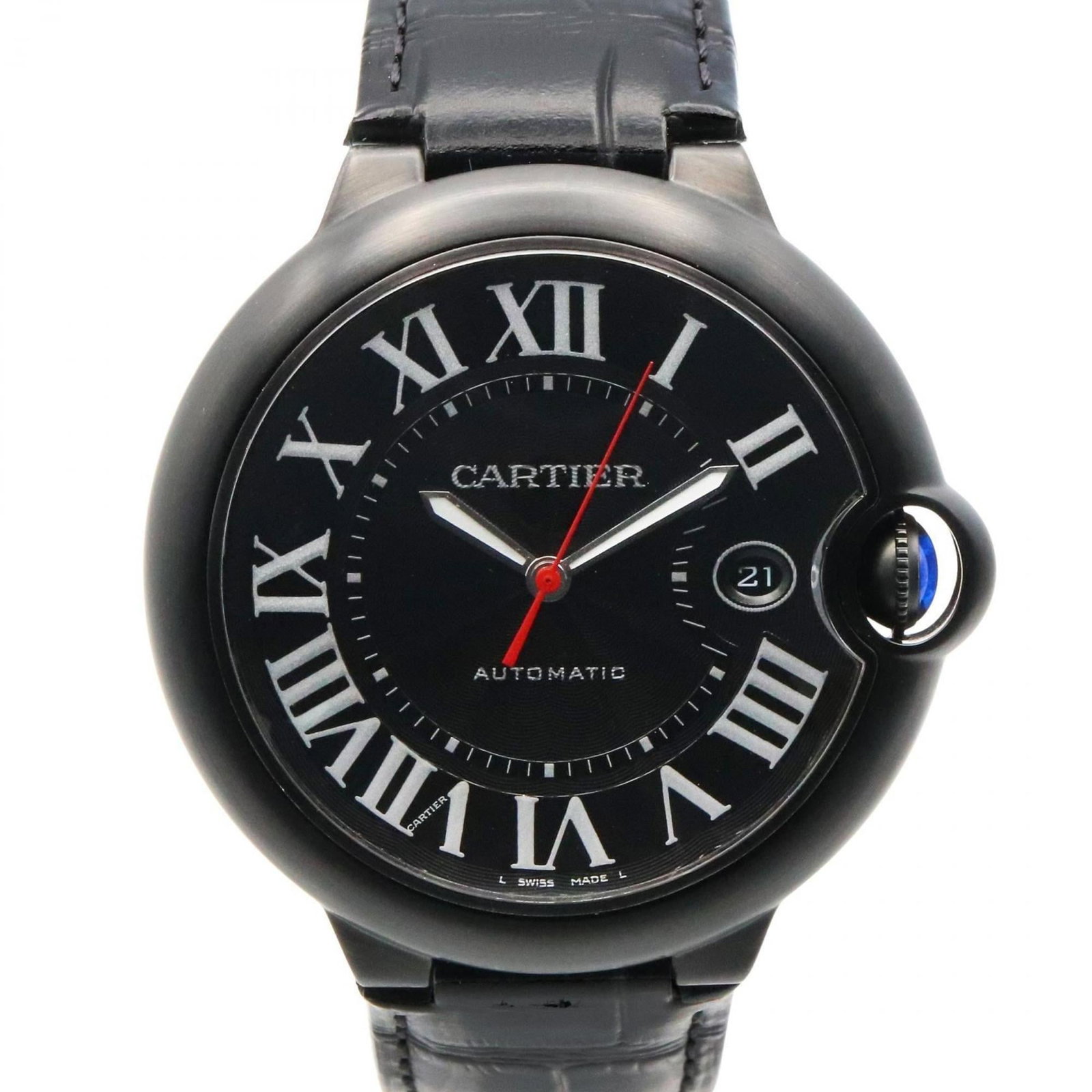 Wristwatch By Cartier: Wristwatch By Cartier Stainless steel case and leather band make for a sleek, timeless design. This self-winding automatic wristwatch boasts a 42mm diameter with a black dial, perfect for those who
