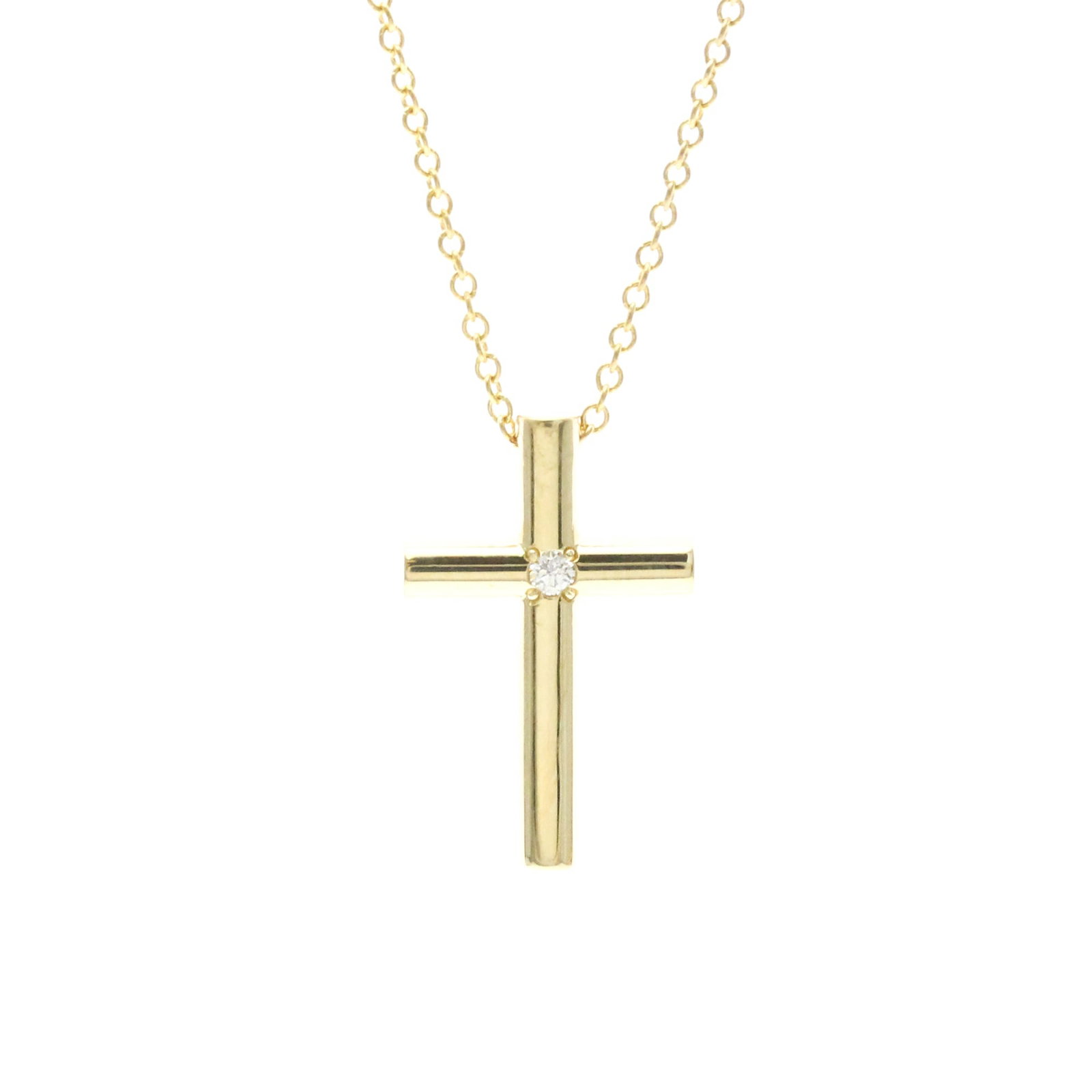 Tiffany Cross Necklace With 1Pd Diamond Yellow Gold (18K) Diamond Polished: Tiffany Cross Necklace With 1Pd Diamond Yellow Gold (18K) Diamond Polished Yellow gold (18K) diamond polished, the Tiffany Cross Necklace boasts a striking design featuring a single 3.5g diamond
