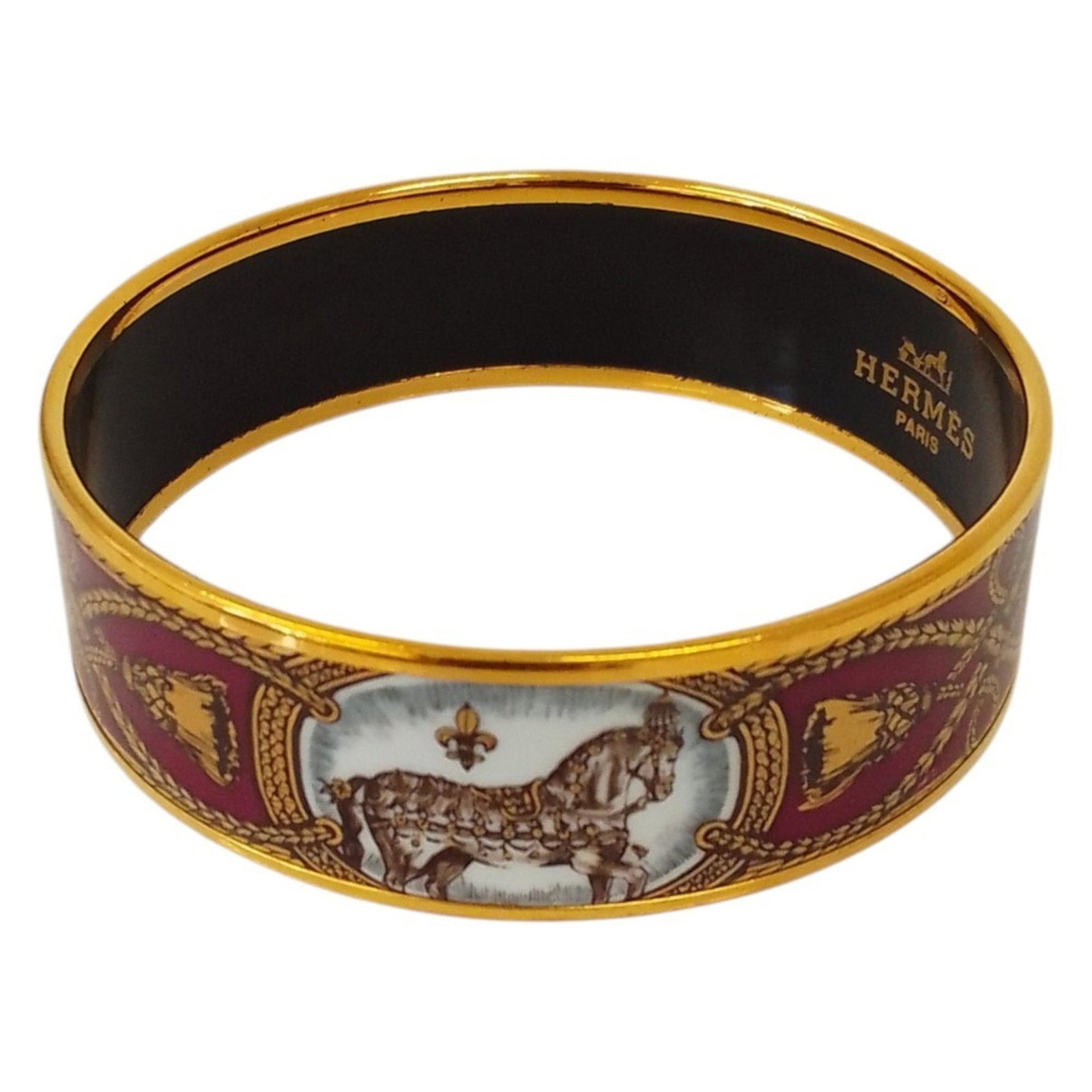 Cloisonn Enamel Bangle Hermes: Cloisonn Enamel Bangle Hermes Bordeaux and white cloisonn enamel come together in a stunning bangle from Hermes, measuring 19.5cm in length. The piece showcases the intricate details of cloisonn