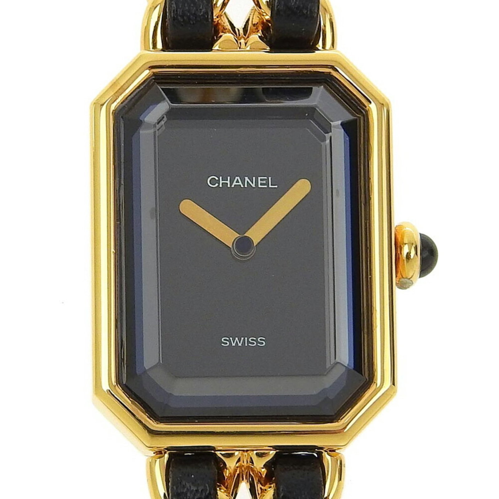 Chanel Wristwatch: Chanel Wristwatch Gold plated case and leather band add a touch of elegance to this Chanel Premiere wristwatch, featuring an analog display and quartz movement. The sleek black dial stands out against