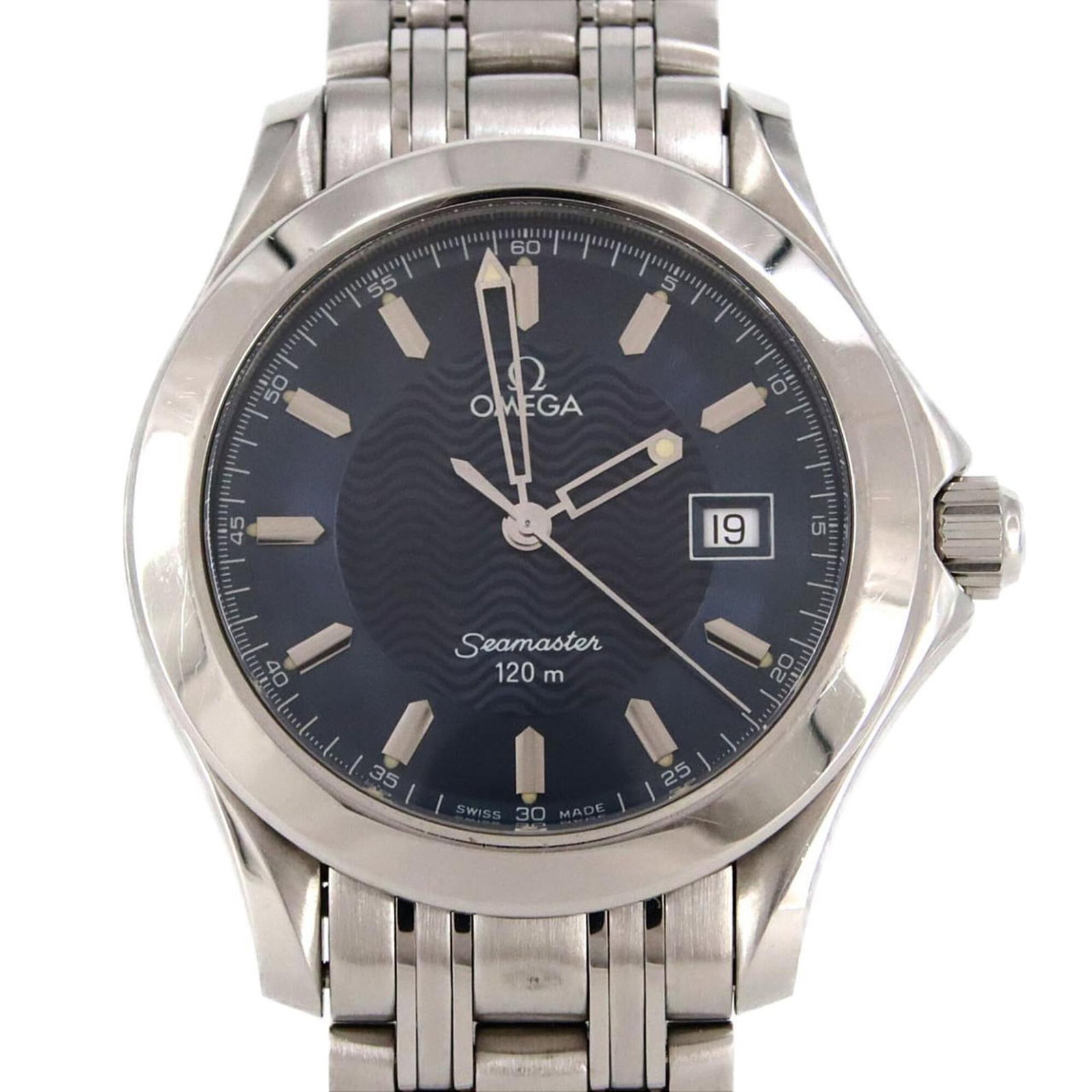 Wristwatch of Omega: Wristwatch of Omega Stainless steel case and band provide a sleek, modern look for the Omega wristwatch. The blue dial stands out against the neutral background, adding a pop of color to the overall