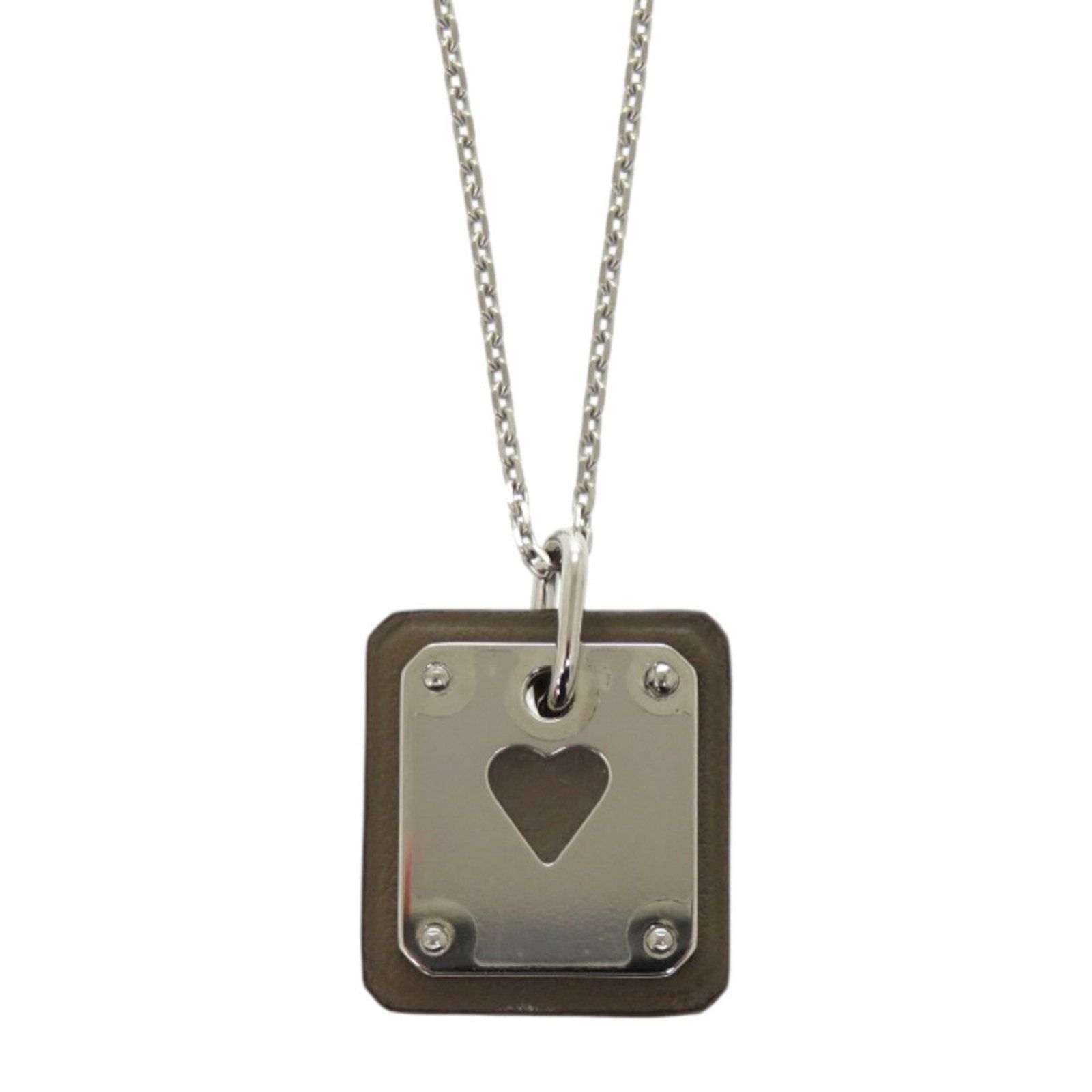 Hermes Like New Herms Asde Coeur Ace Of Hearts Leather And Metal Brown Necklace With Z Markings: Hermes Like New Herms Asde Coeur Ace Of Hearts Leather And Metal Brown Necklace With Z Markings Brown leather and metal necklace with a 21mm x 19mm Ace of Hearts pendant, bearing Z markings, features
