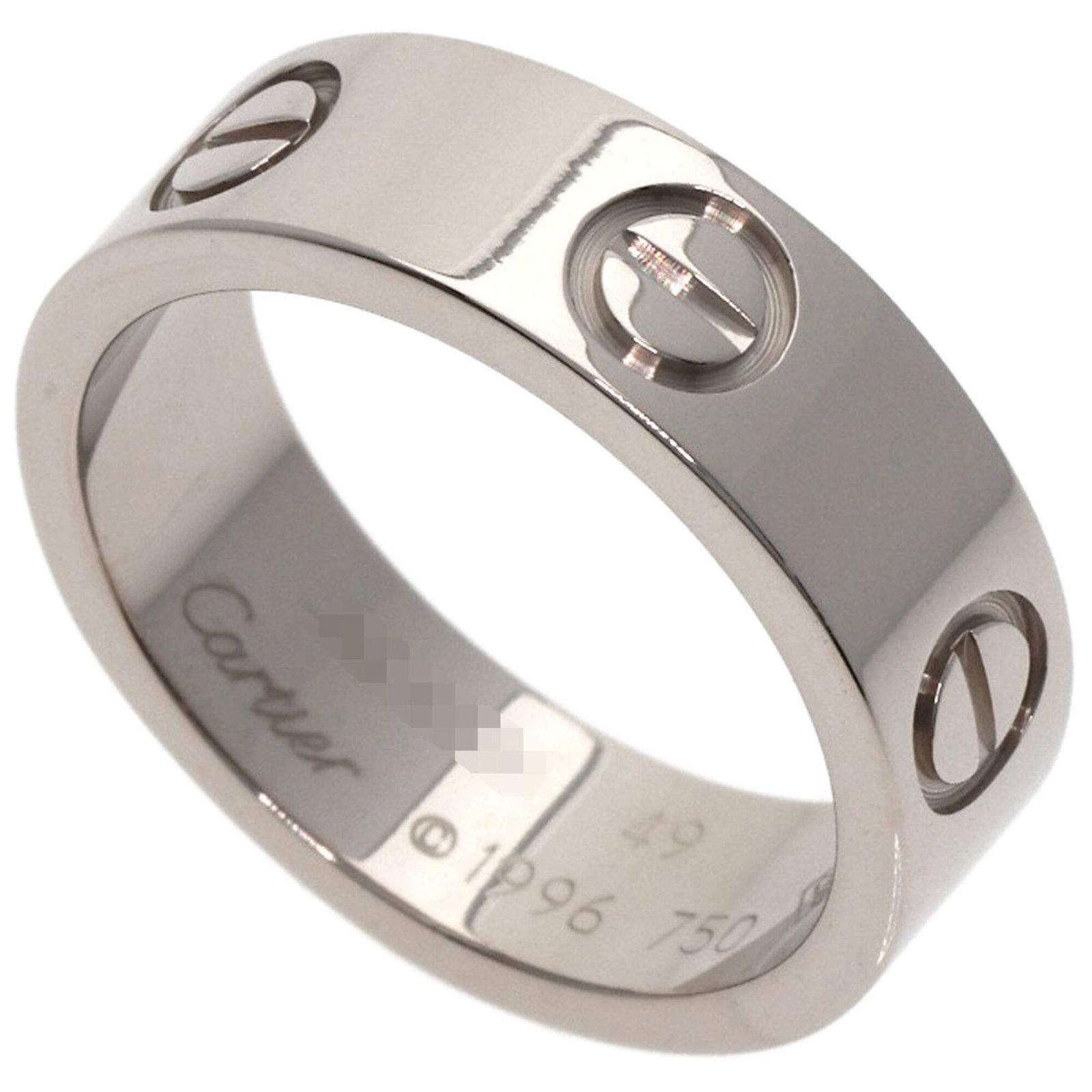 Gold White Ring Cartier Band: Gold White Ring Cartier Band White gold (18K) Cartier band ring, featuring a sleek design with a signature. This women's ring measures 49 US and fits size 5, showcasing the brand's classic style.