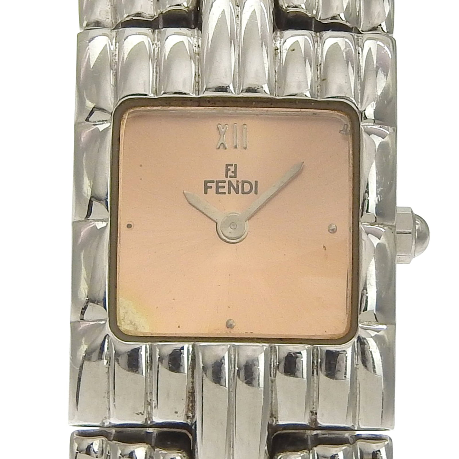 Fendi Wristwatch: Fendi Wristwatch Stainless steel case and band add an edgy touch to this pink gold dial Fendi wristwatch, measuring 19mm in diameter. The quartz movement keeps time with precision, while the 16cm