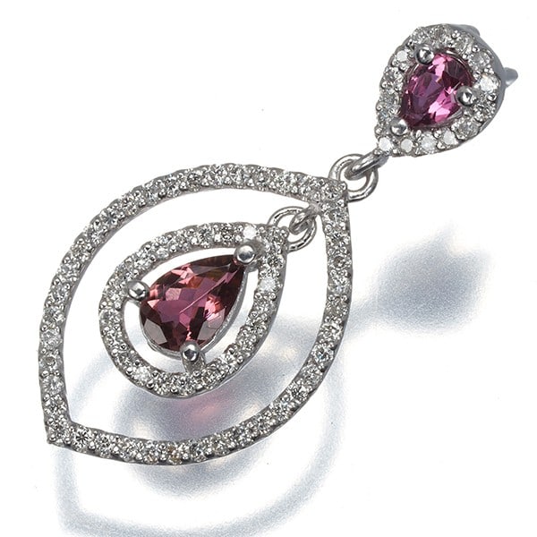 Pink Tourmaline Diamond Teardrop Classic Pendant 18K Wg: Pink Tourmaline Diamond Teardrop Classic Pendant 18K Wg 18k white gold teardrop pendant features a stunning pink tourmaline stone, totaling 0.47ct, surrounded by two small diamonds, weighing 0.39ct