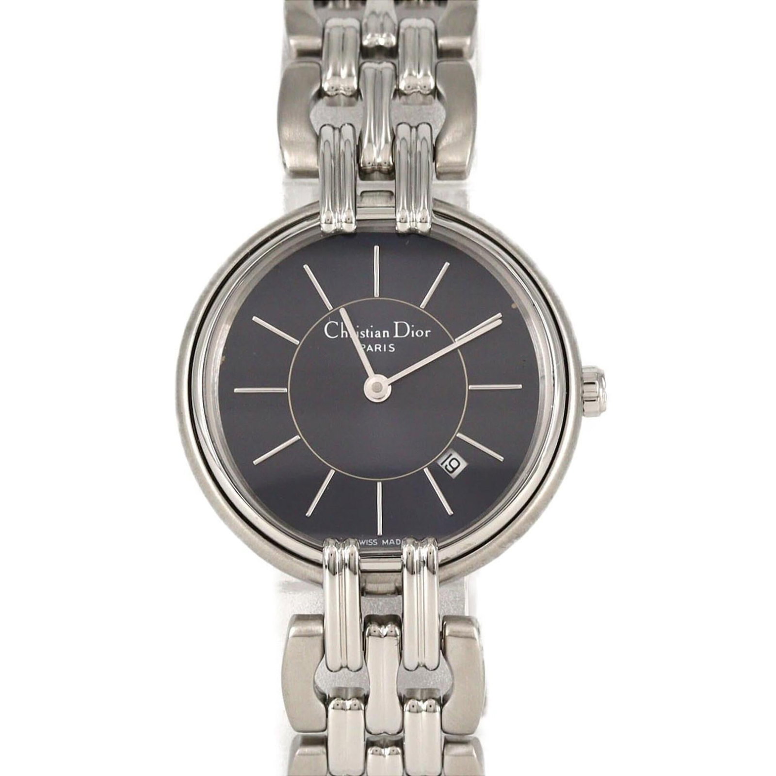 Christian Dior Wristwatch: Christian Dior Wristwatch Stainless steel case and band provide a sleek, modern look for the Christian Dior wristwatch. The blue dial stands out with its distinctive color, while the quartz movement