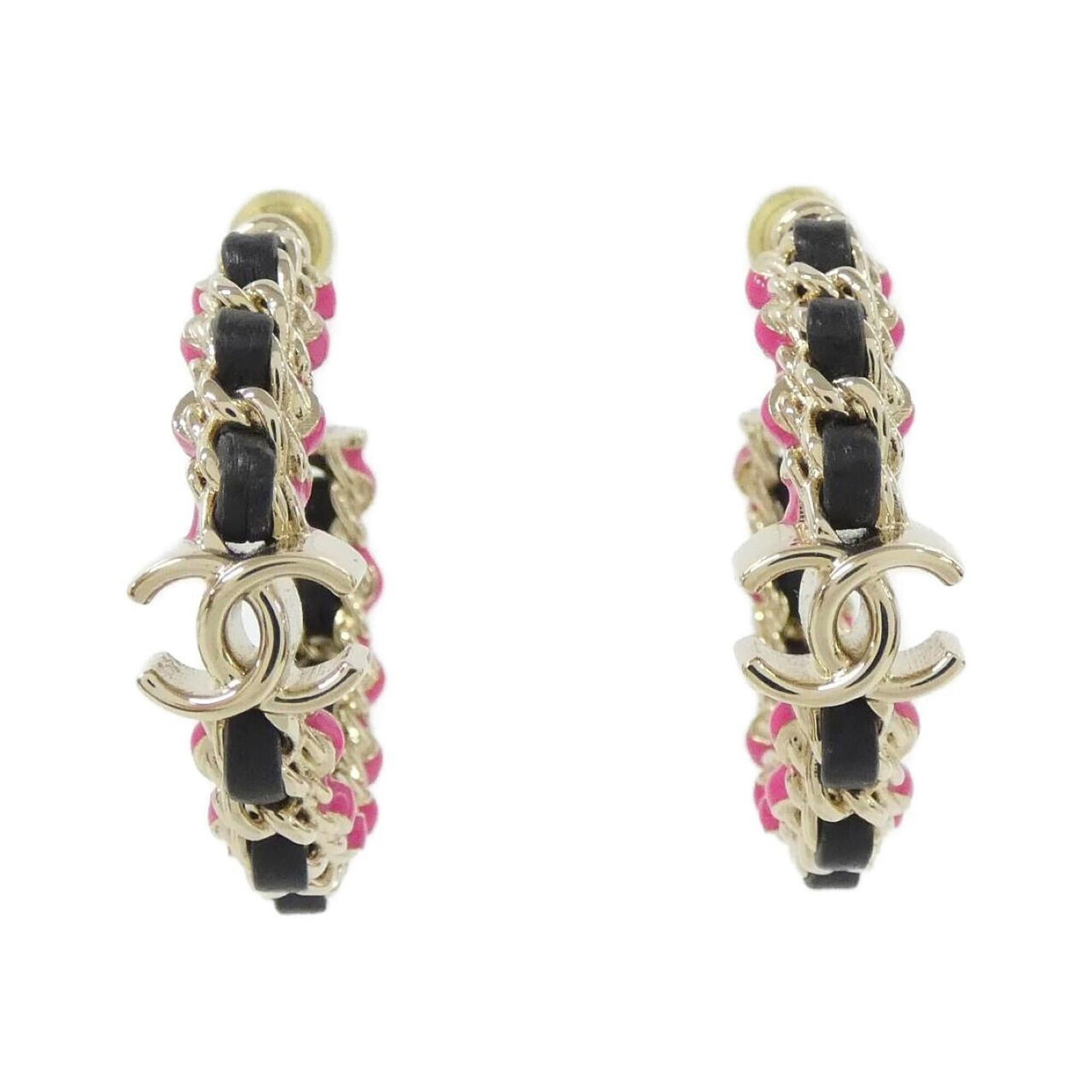 Chanel Earrings: Chanel Earrings Black leather earrings from Chanel feature pink stones, measuring 3.00mm x 1.00mm in size. The sleek design showcases the subtle beauty of these elegant accessories. Item Specifics: