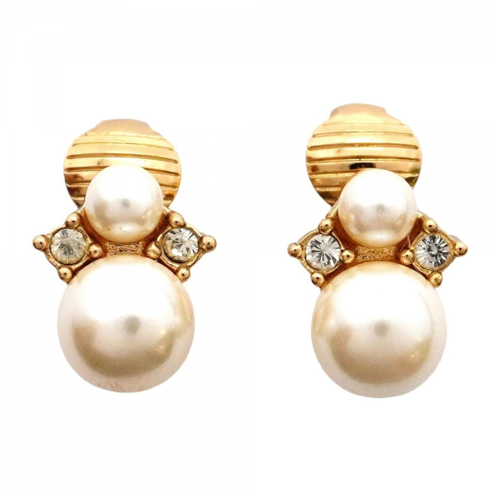 Christian Dior Clip Earrings Gold Plating Rhinestone: Christian Dior Clip Earrings Gold Plating Rhinestone Gold plating and rhinestone details add a touch of luxury to these clip earrings from Christian Dior, featuring a sleek design that showcases the