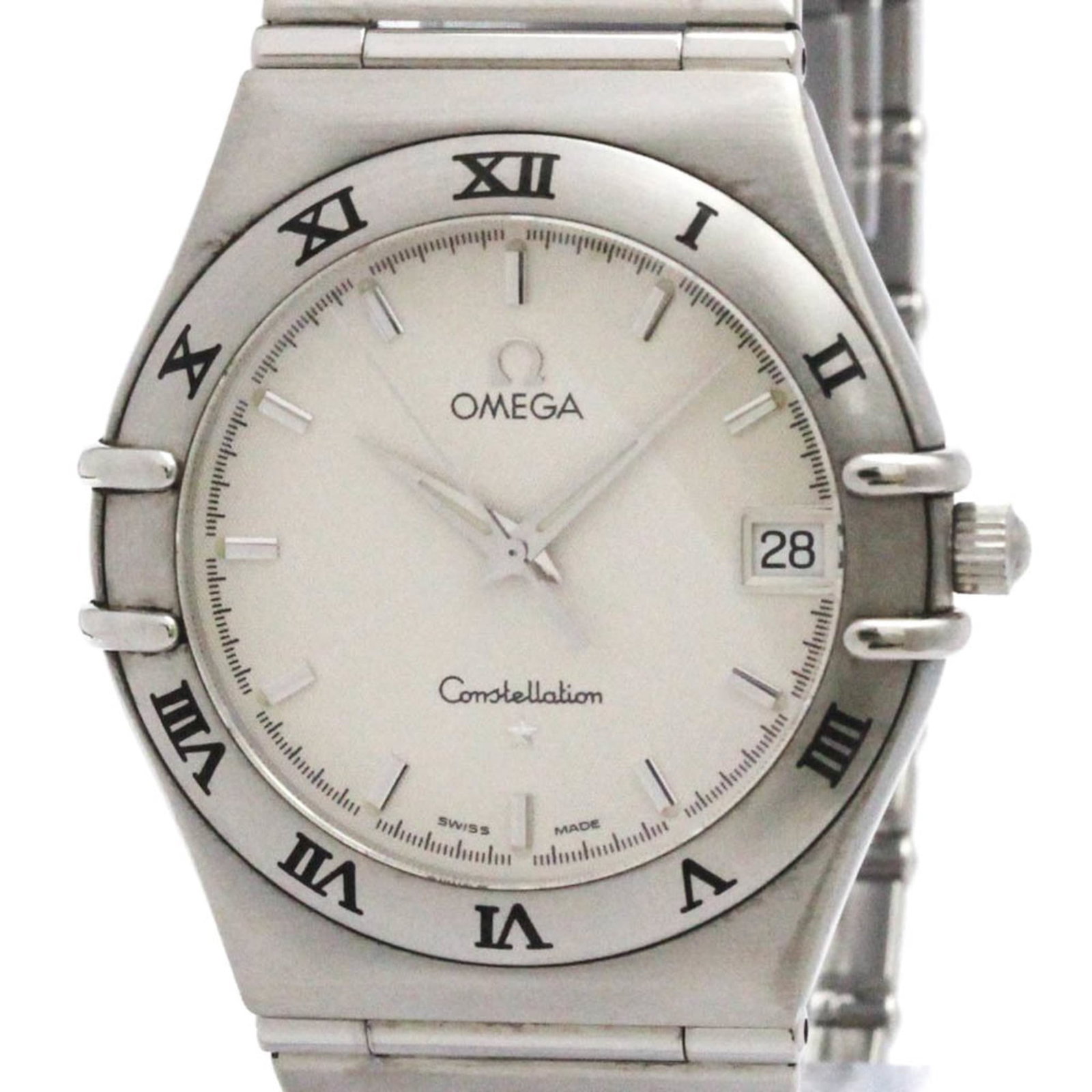 Wristwatch of Omega: Wristwatch of Omega Stainless steel case and band, the Omega Constellation watch boasts a sleek silver dial. With its quartz movement and date function, this dress-formal timepiece is designed for