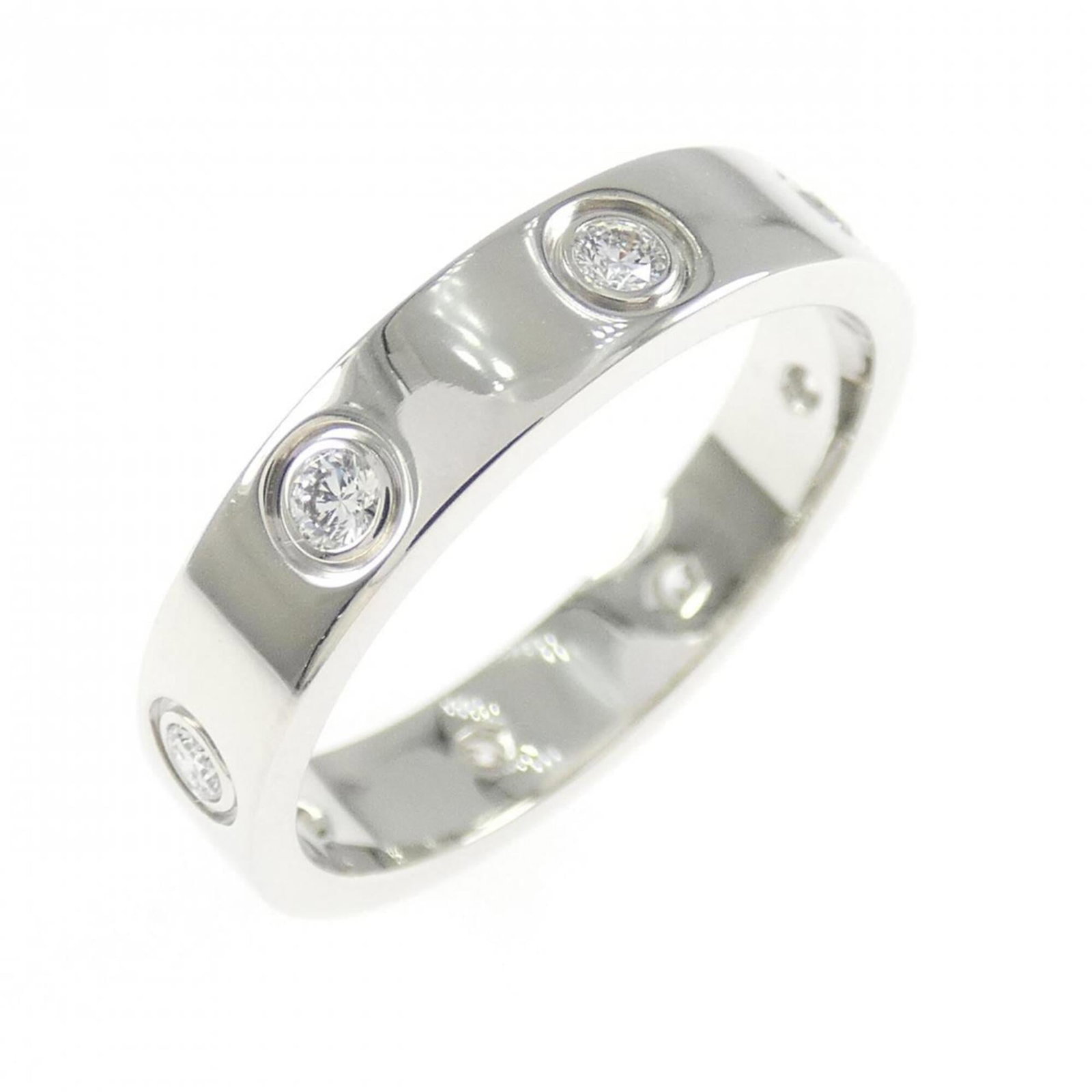Gold White Ring Cartier Band: Gold White Ring Cartier Band White gold (18K) Cartier band with diamond stone, available in US size 5.5 and matching brand size 50. This elegant ring features a classic design, bearing the signature