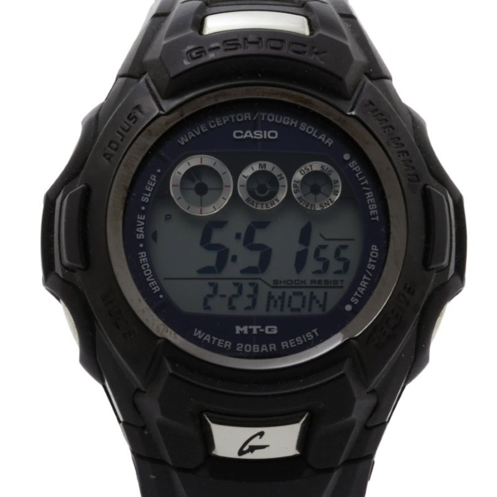 Wristwatch By Casio: Wristwatch By Casio Stainless steel case and band add durability to this black dial Casio wristwatch, featuring radio wave control solar technology for long-lasting power. The 45.9mm diameter case