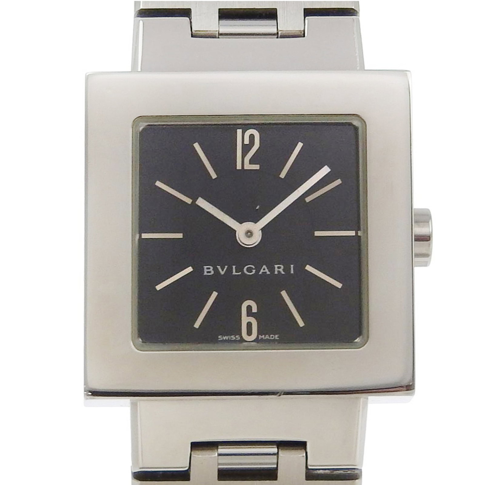 Bvlgari Wristwatch: Bvlgari Wristwatch Stainless steel case and band create a sleek, modern look for this Bvlgari women's wristwatch. The black dial features an analog display, while the quartz movement keeps time with