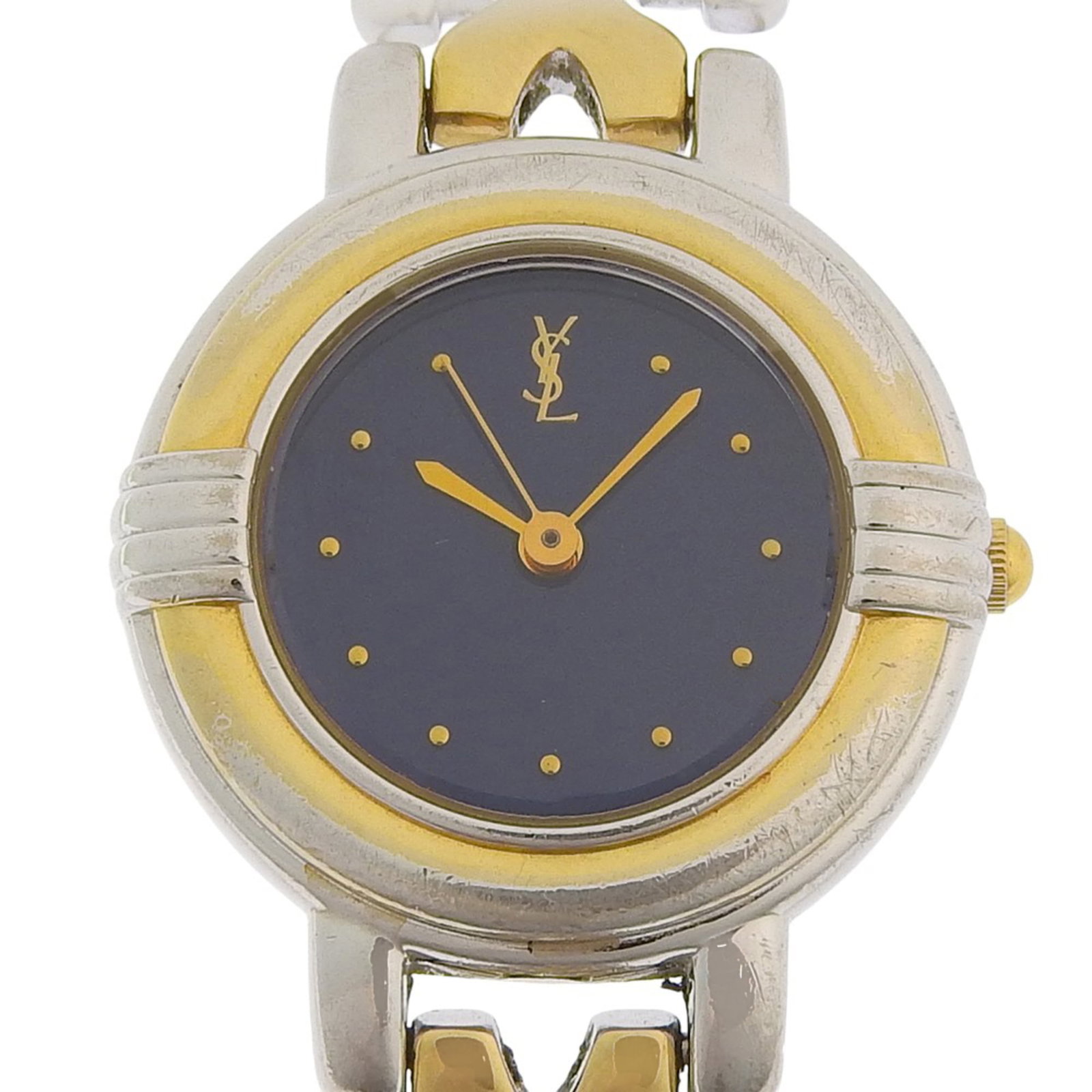 Yves Saint Laurent Wristwatch: Yves Saint Laurent Wristwatch Stainless steel case and band add a sleek touch to this Yves Saint Laurent wristwatch, featuring a blue dial. The quartz movement keeps time with precision, while the