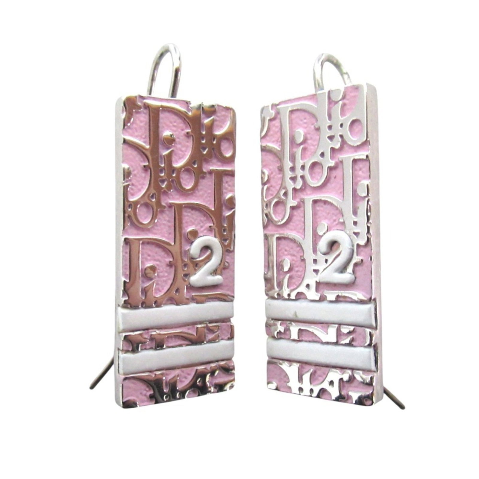 Metal Christian Dior Stud Earrings: Metal Christian Dior Stud Earrings Pink and silver stud earrings from Christian Dior, featuring a sleek metal design with a signature. The earrings measure 25mm in height and 10mm in width. They are m