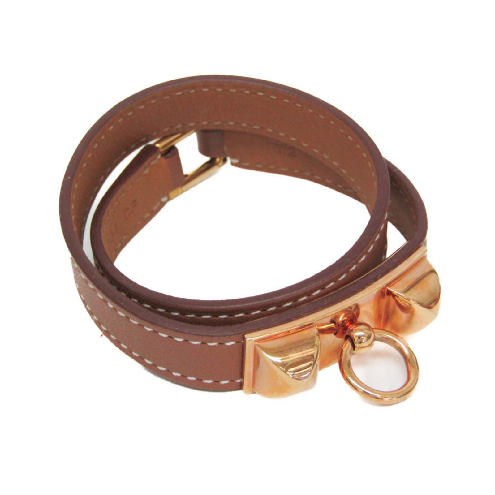 Hermes metal leather wrap bracelet: Hermes metal leather wrap bracelet The Hermes Rivale Double Tour metal leather wrap bracelet boasts a sleek, sophisticated design with a rich brown and pink gold color combination. Crafted from high-q