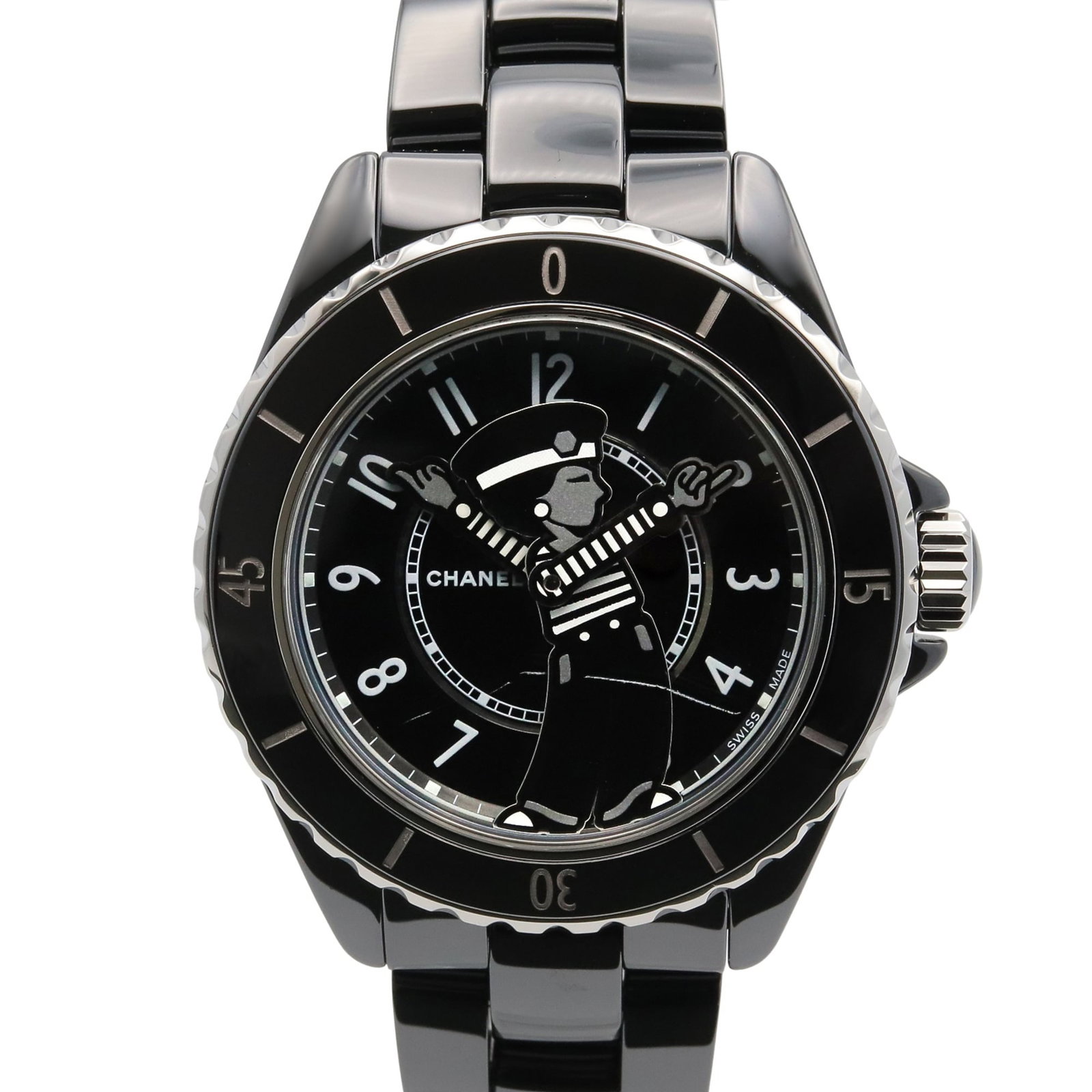 Chanel Wristwatch: Chanel Wristwatch Ceramic case and band make for a sleek, modern look. This self-winding automatic wristwatch boasts a black dial and features a 38.8mm diameter case that fits wrists up to 17cm in