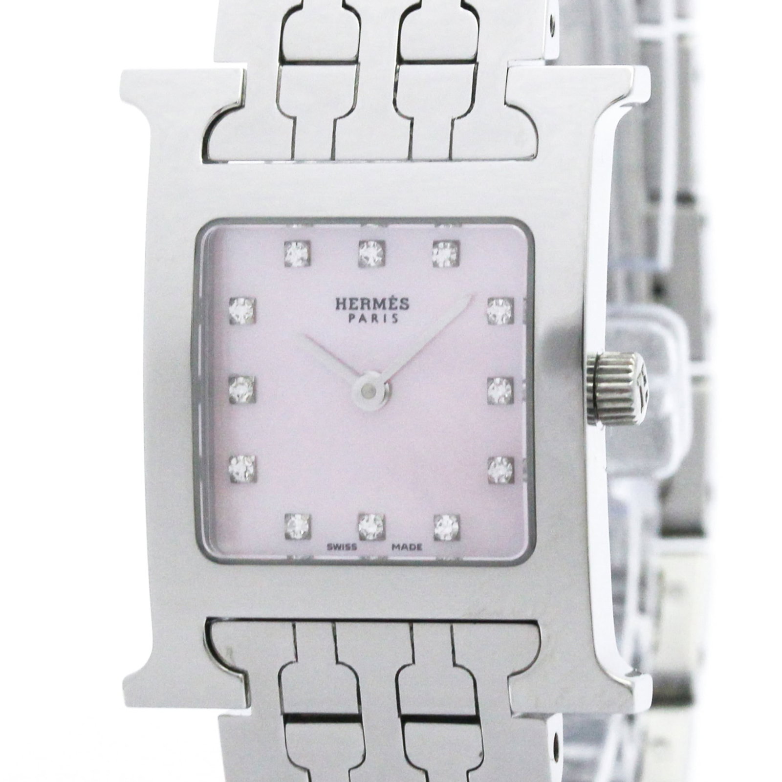 Hermes Wristwatch: Hermes Wristwatch Stainless steel case and band, pink shell dial, and quartz movement make this Hermes Heure H watch a stylish timepiece. With its compact size at 21mm, it's perfect for dressing up.