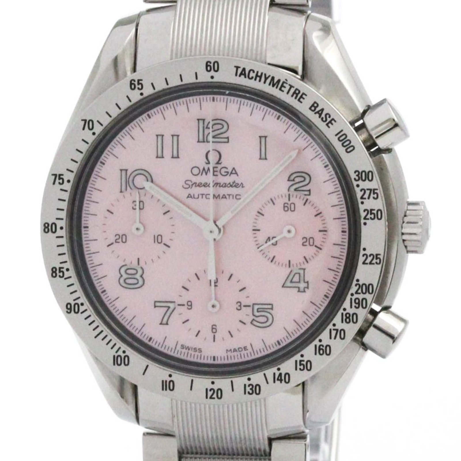 Wristwatch of Omega: Wristwatch of Omega The Omega Speedmaster 3502.78 wristwatch boasts a sleek pink shell dial and stainless steel case, weighing just 100g. This self-winding automatic watch features a chronograph