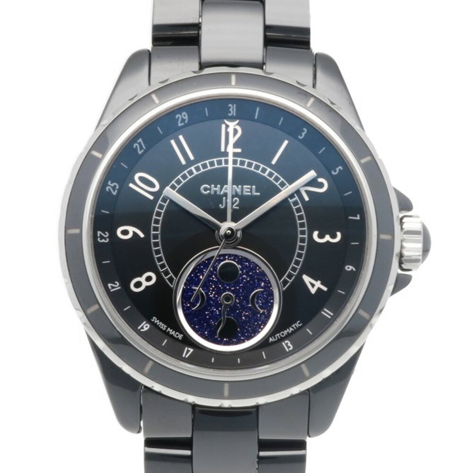 Chanel Wristwatch: Chanel Wristwatch Stainless steel case and band, the Chanel J12 wristwatch boasts a sleek black design. Powered by self-winding automatic movement, this watch features a diameter of 39mm with a crown,