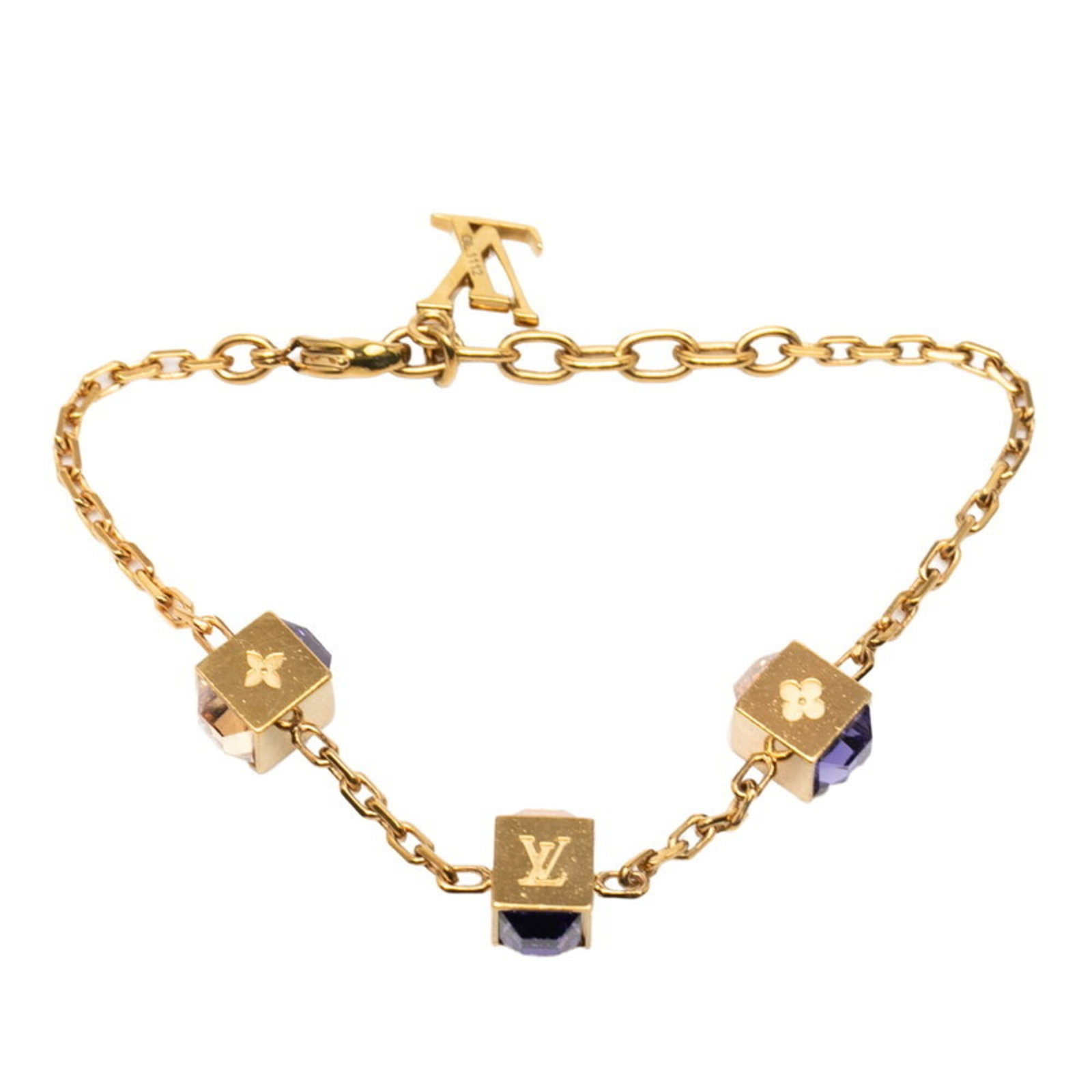 Louis Vuitton Charm Bracelet: Louis Vuitton Charm Bracelet Gold charm bracelet with purple accents, measuring 21cm in length. This Louis Vuitton design features a classic charm style, perfect for adding a touch of luxury to any ou